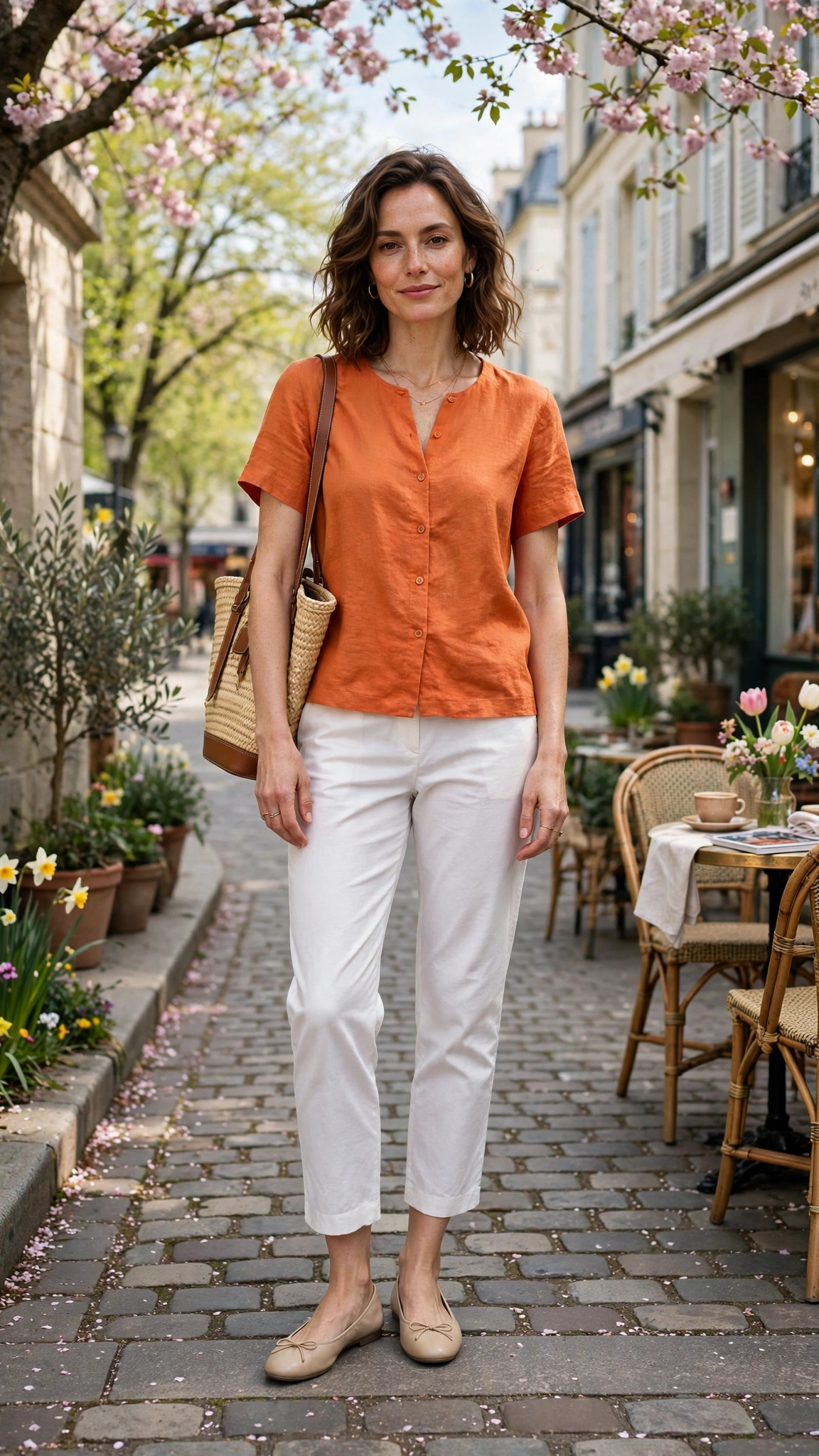 Sunset Orange Orange Top and White Trouser Outfit with white cropped trousers and ballet flats