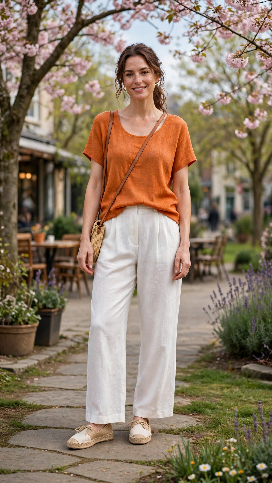 Pumpkin Orange Top and White Trouser Outfit with white wide-leg trousers and espadrilles