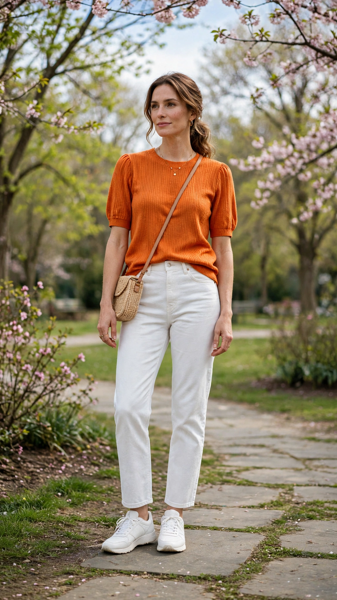 Pumpkin Orange Top and White Trouser Outfit with white jeans and white trainers