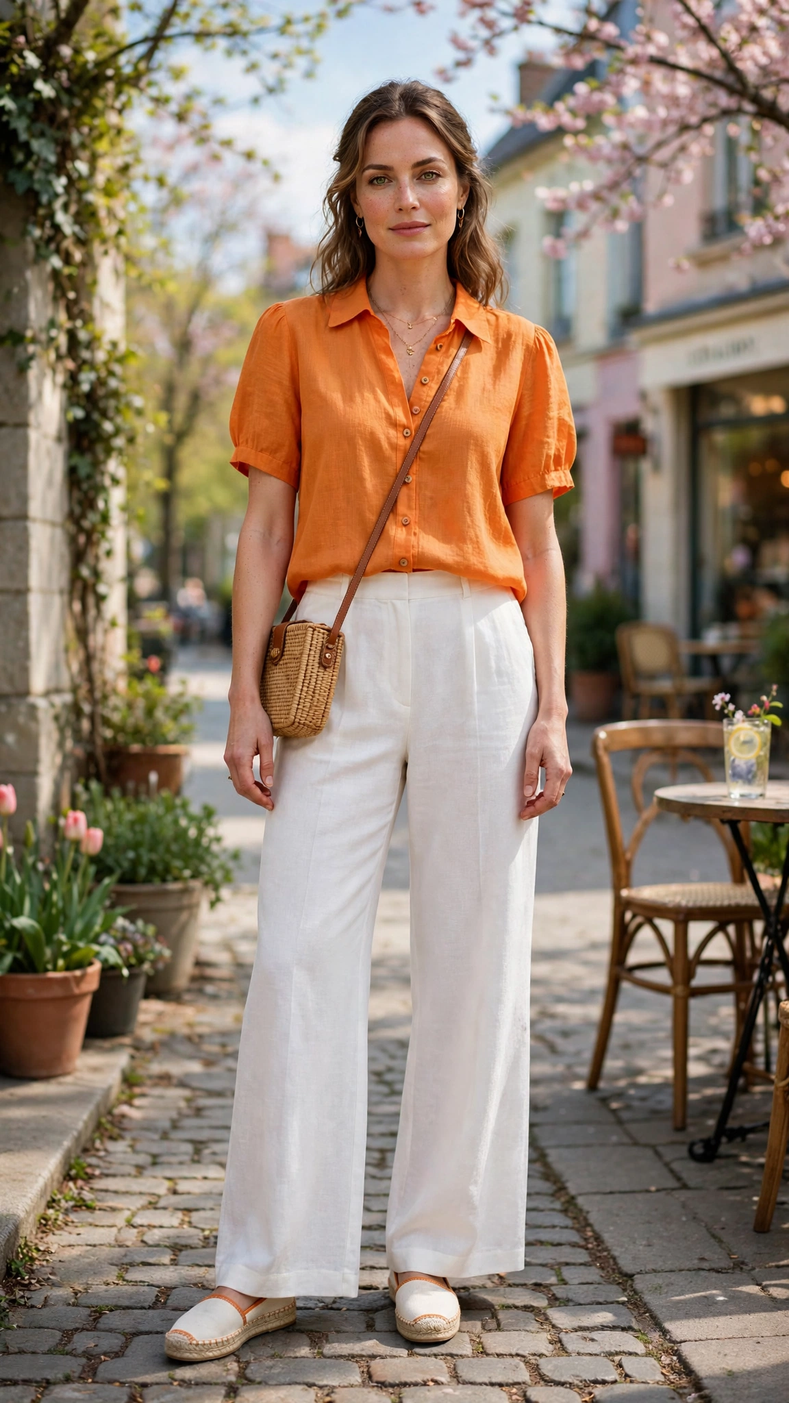 Mango Orange Orange Top and White Trouser Outfit with white wide-leg trousers and espadrilles