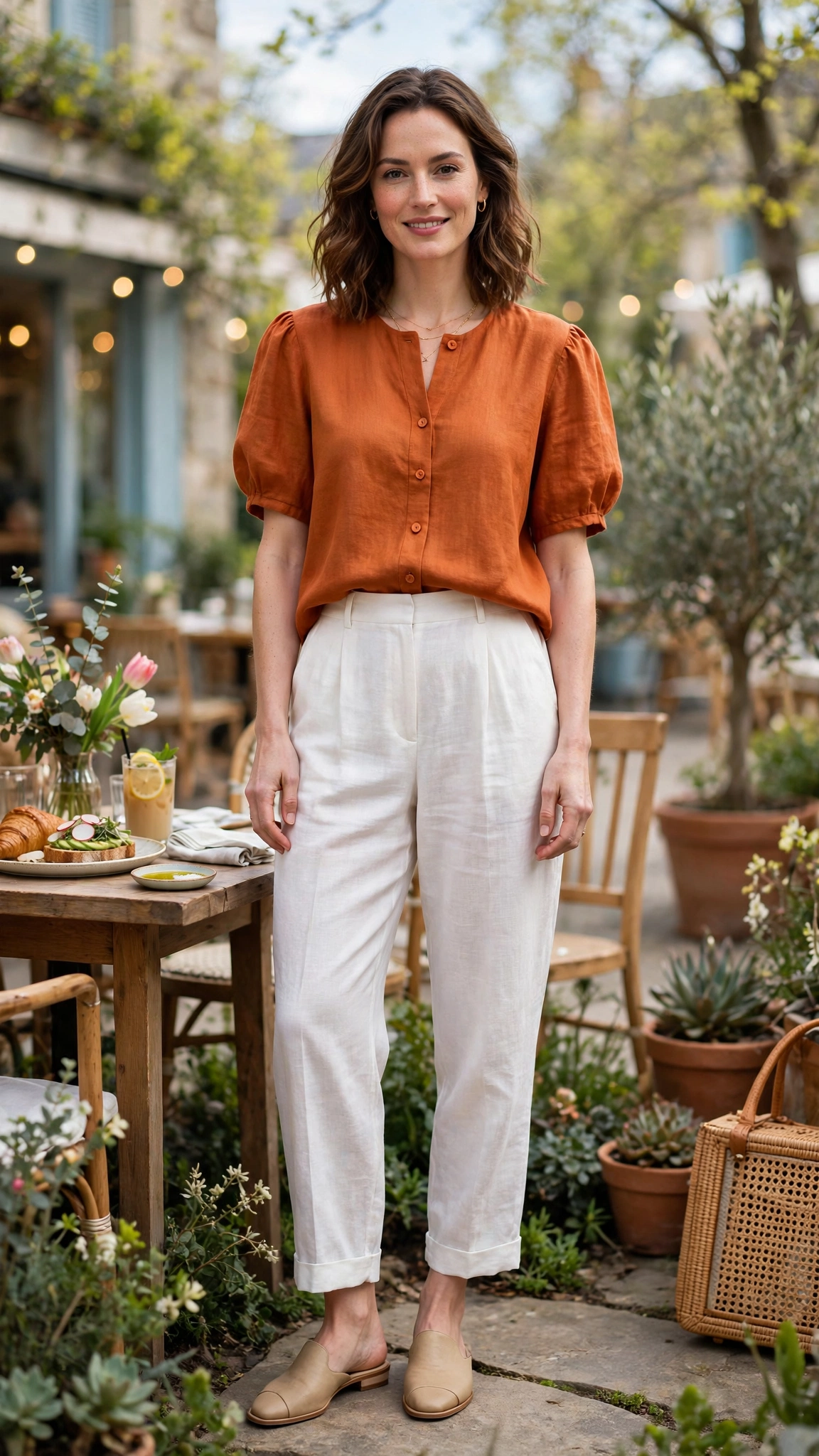 Burnt Orange Orange Top and White Trouser Outfit with white linen trousers and mules