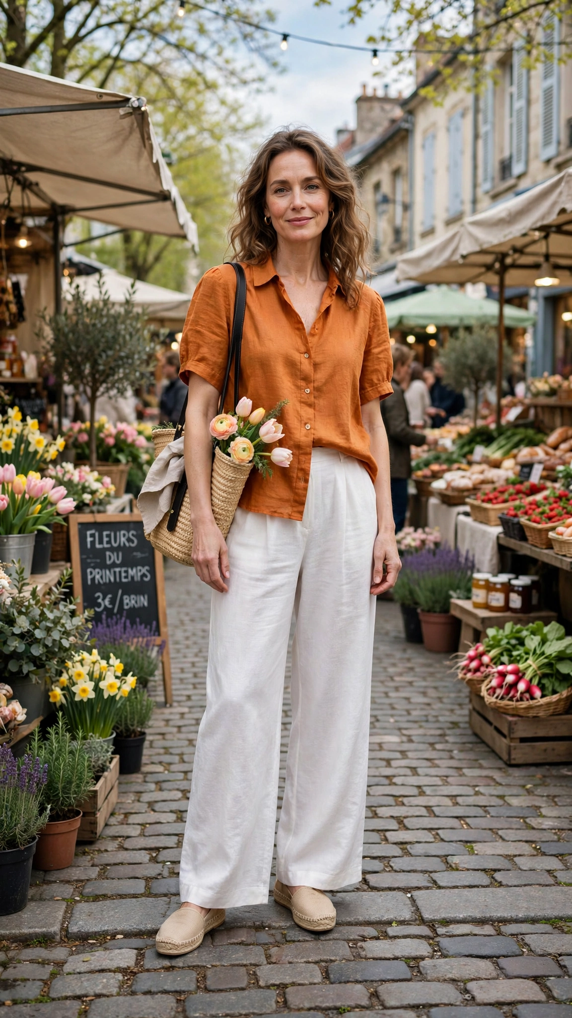 Amber Orange Top and White Trouser Outfit with white wide-leg trousers and espadrilles
