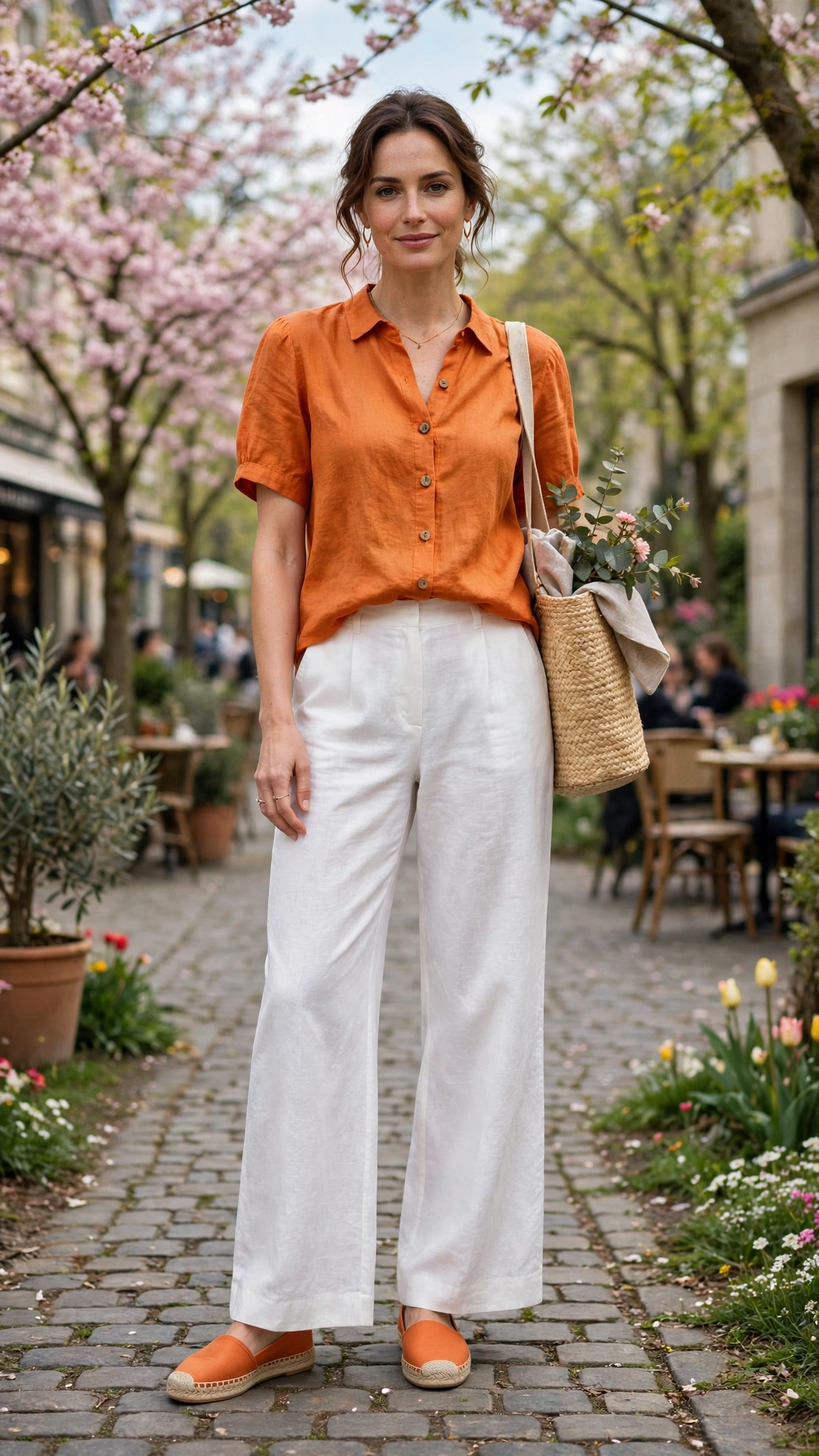 Saffron Orange Orange Top and White Trouser Outfit with white wide-leg trousers and espadrilles