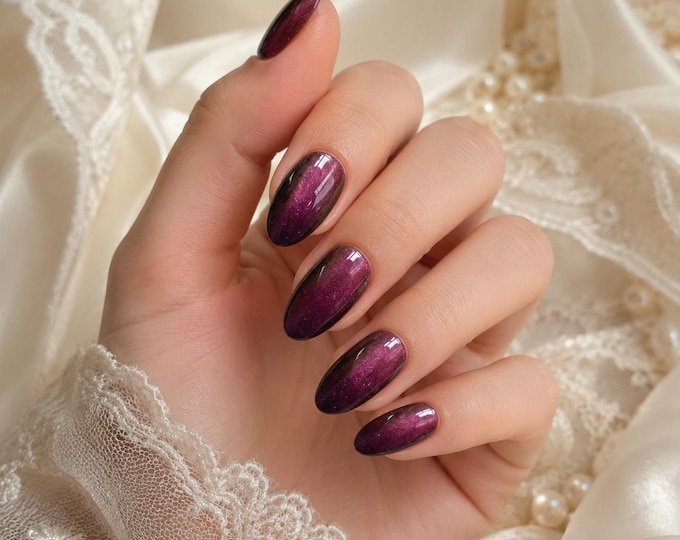 Short Plum Cat Eye Nails for January Evenings