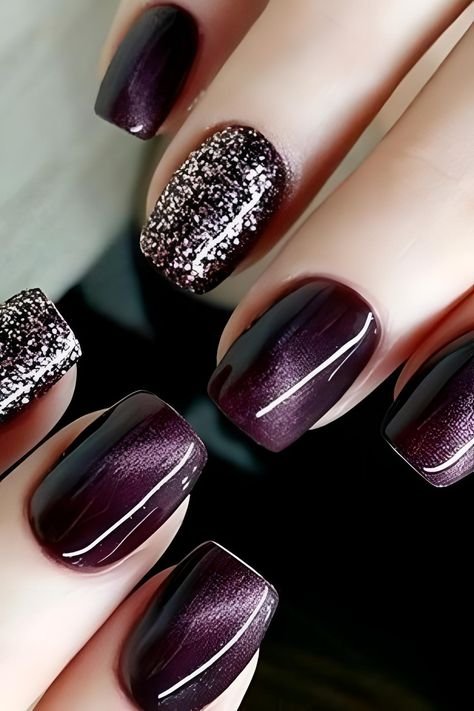Plum Cat Eye Nails with a Silver Glitter Accent Nail for January Evenings