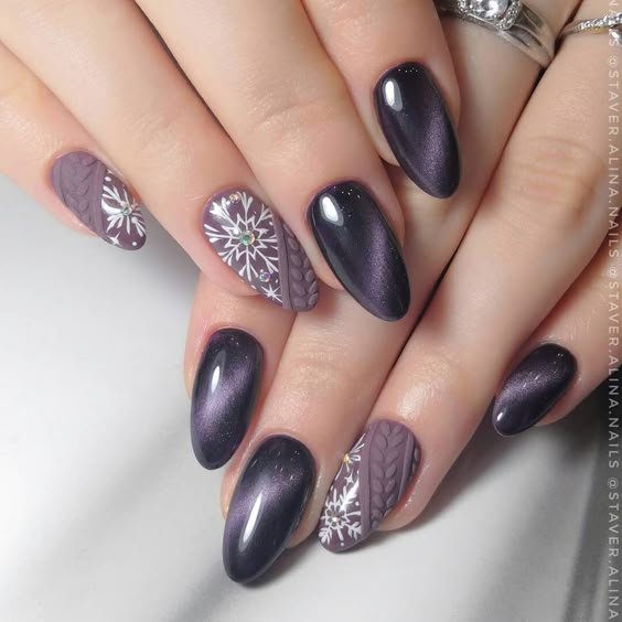 Plum Cat Eye Nails with a Snowflake Accent Nail for January Evenings