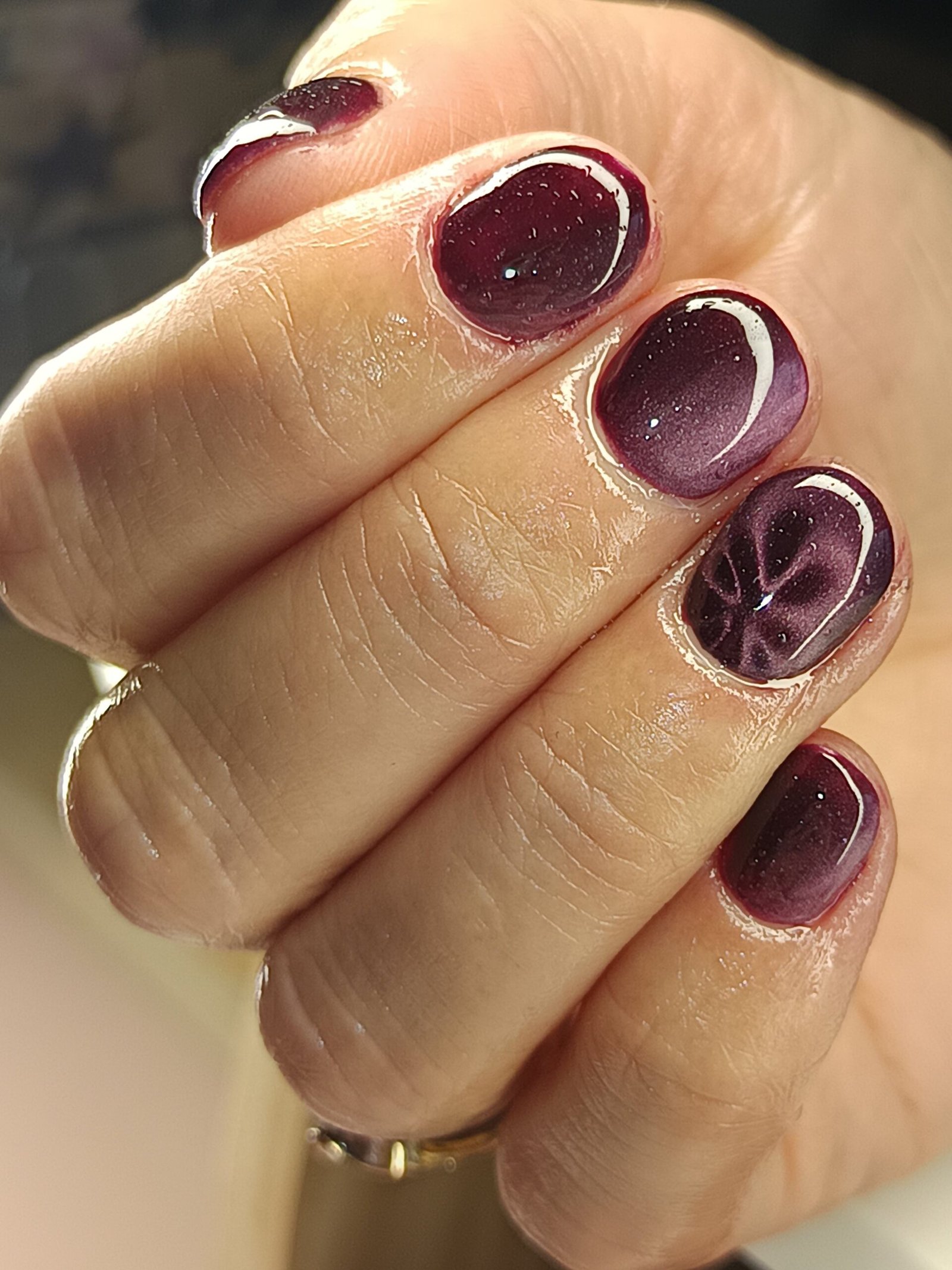 Short Plum Cat Eye Nails for January Evenings