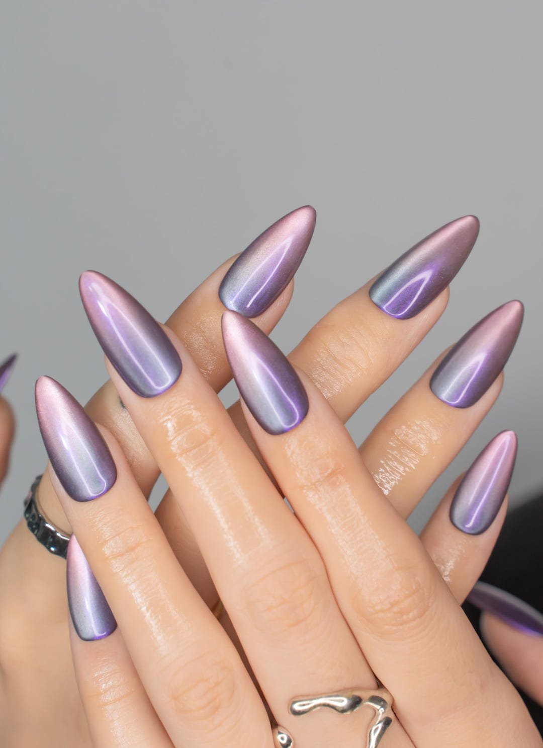 Long Almond Light Purple Cat Eye Nails for Winter Parties
