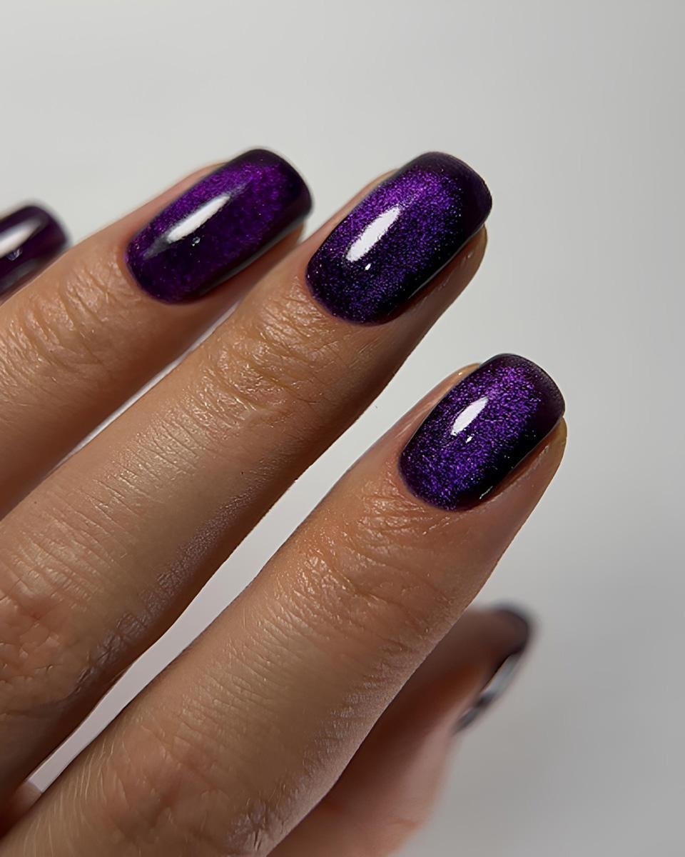 Square Deep Purple Glitter Cat Eye Nails for Winter Parties