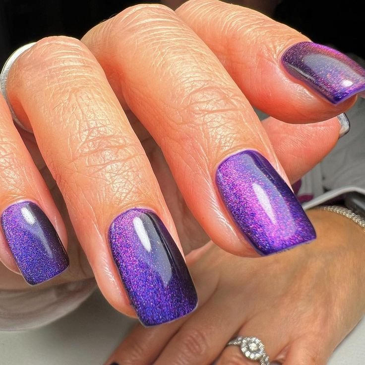 Square Bright Purple Glitter Cat Eye Nails for Winter Parties