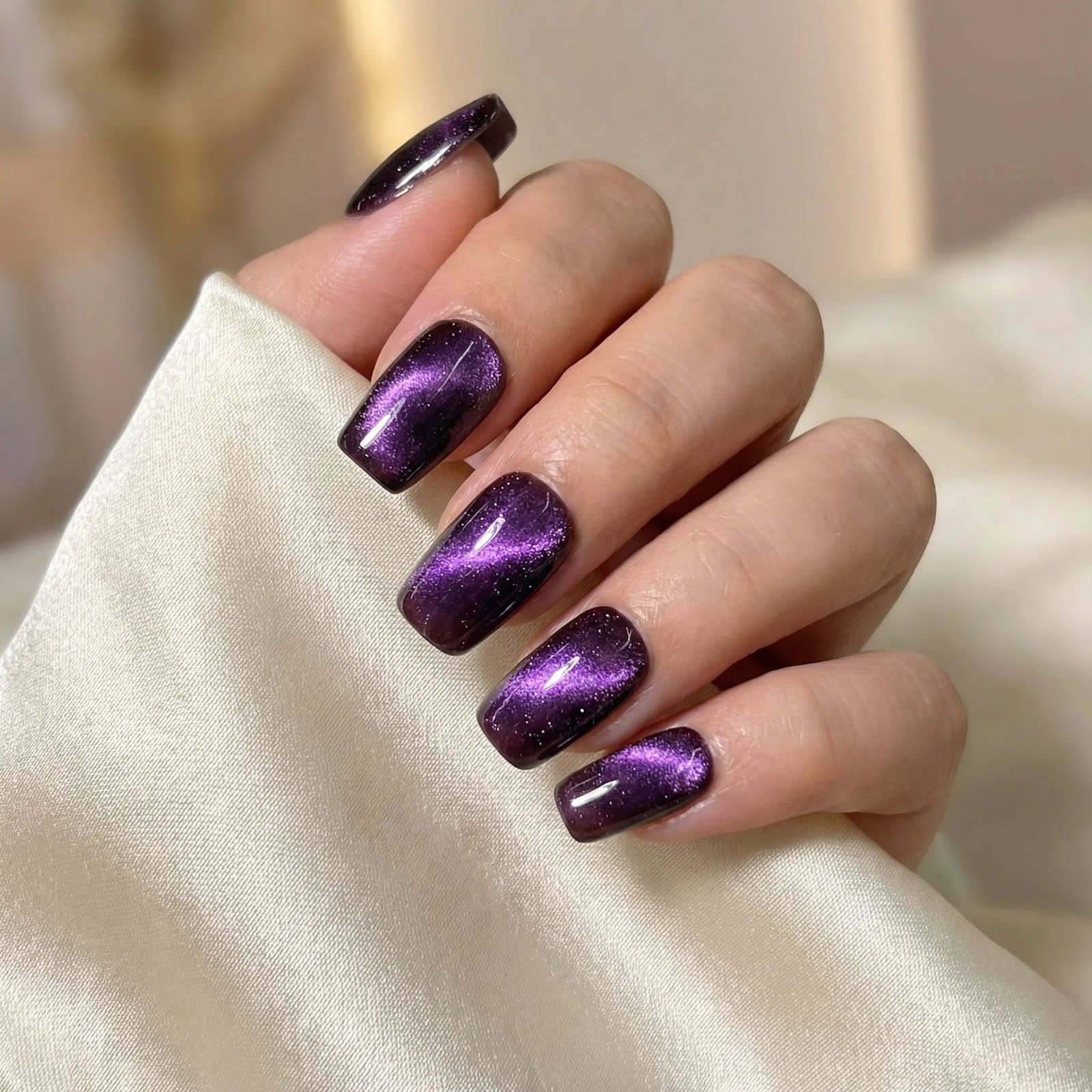 Short Square Deep Purple Cat Eye Nails for Winter Parties