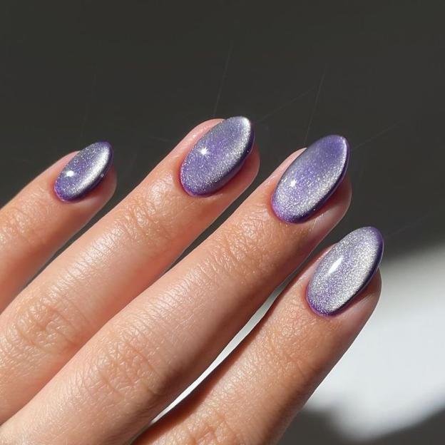 Almond Light Lavender Grey Cat Eye Nails for Winter Parties