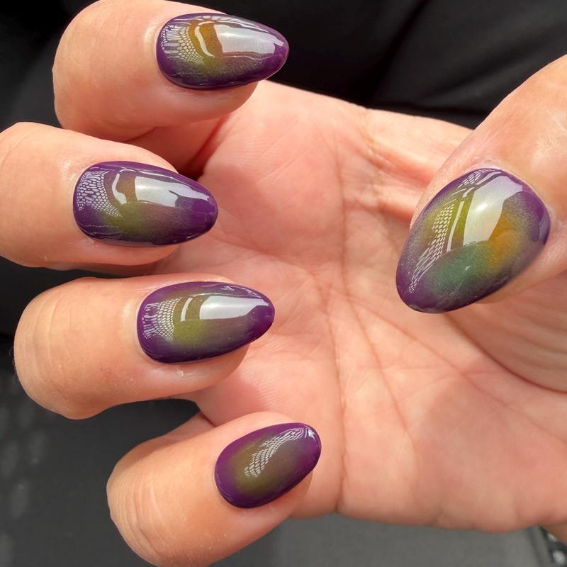 Almond Purple Cat Eye Nails with a Gold Green Colour Shift for Winter Parties