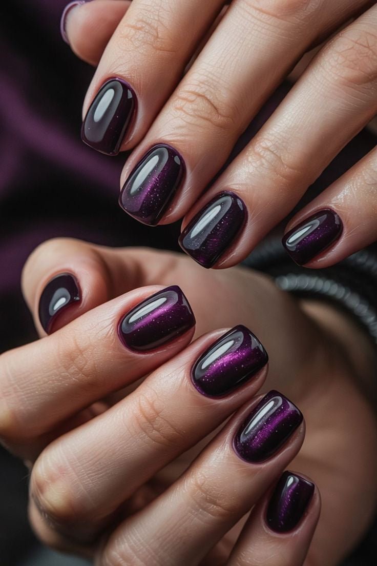 Almond Dark Purple Cat Eye Nails for Winter Parties