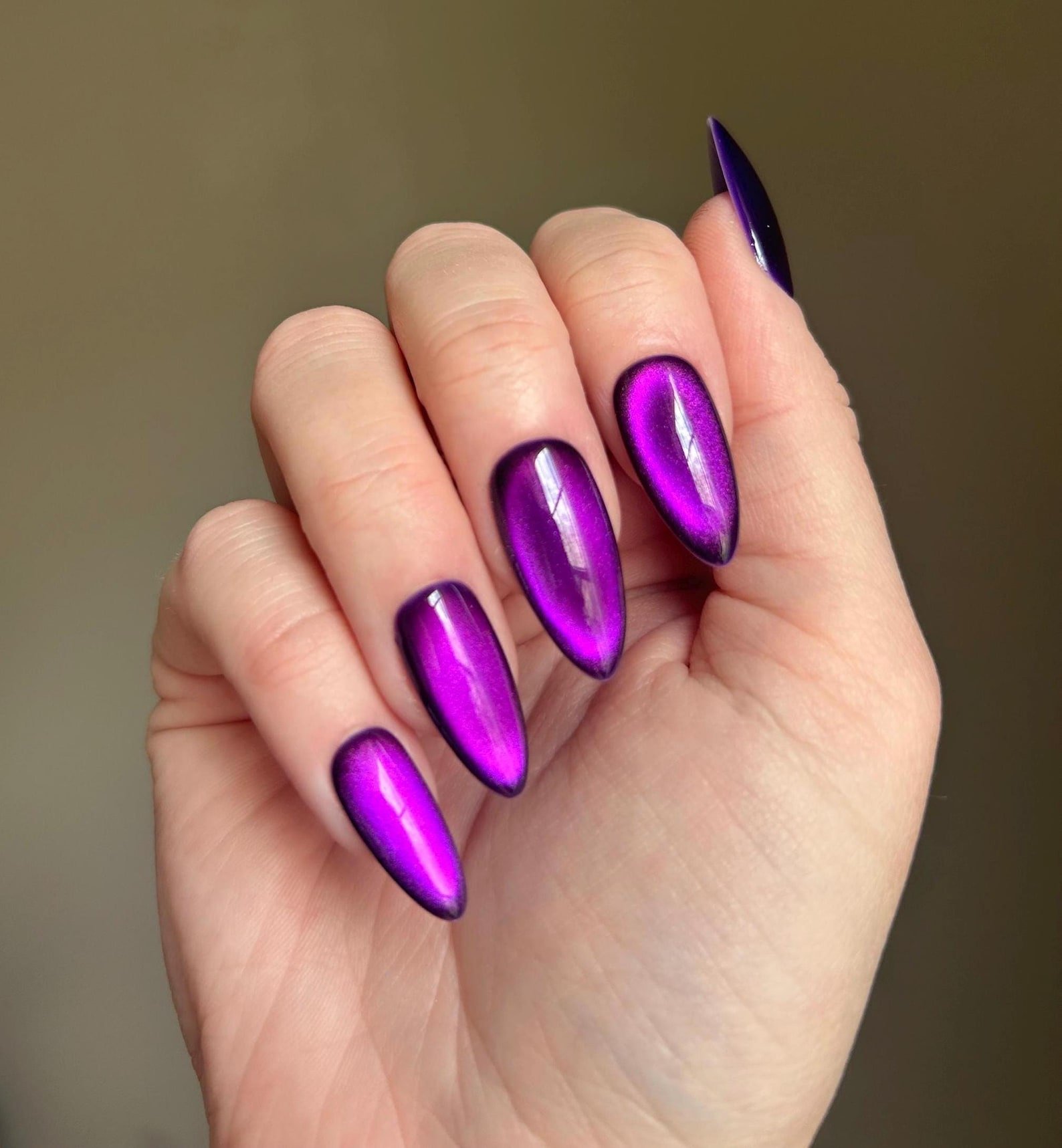 Long Almond Bright Magenta Purple Cat Eye Nails for Winter Parties
