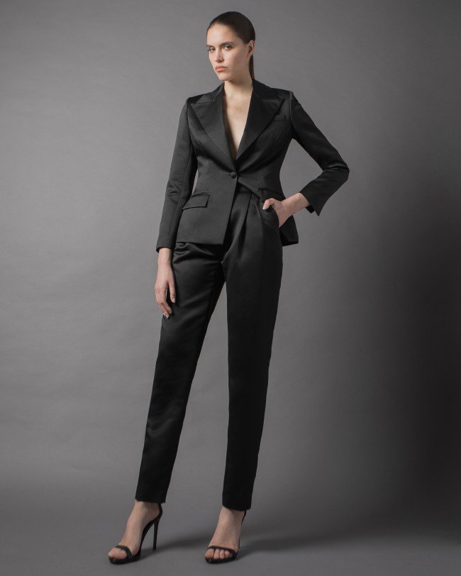 Black Satin Tuxedo Blazer with Slim Black Trousers