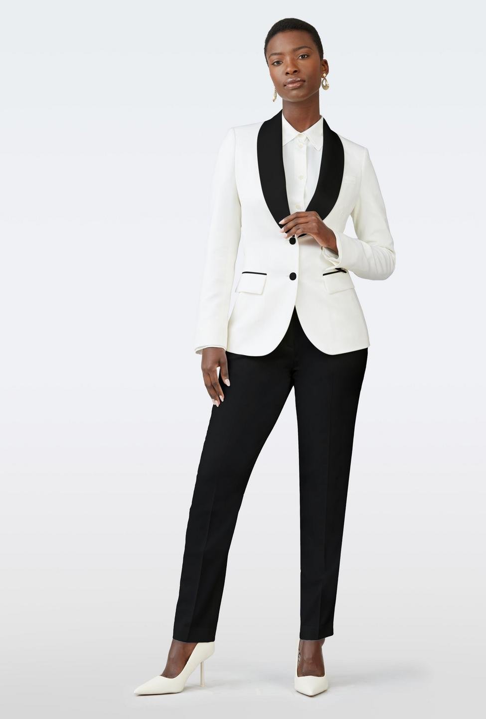 White Tuxedo Blazer with Black Trousers and White Heels