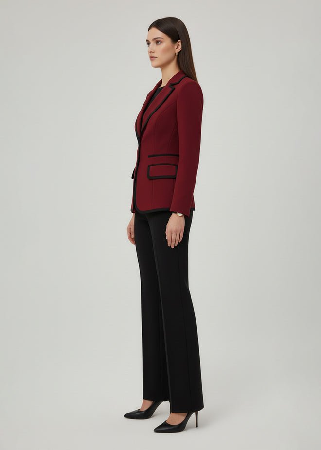 Burgundy Tuxedo Blazer with Black Wide-Leg Trousers