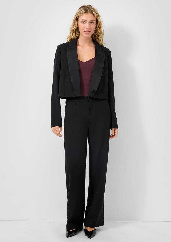 Black Tuxedo Blazer with a Burgundy Top and Black Trousers