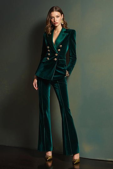 Dark Green Velvet Double-Breasted Tuxedo Suit with Flared Trousers