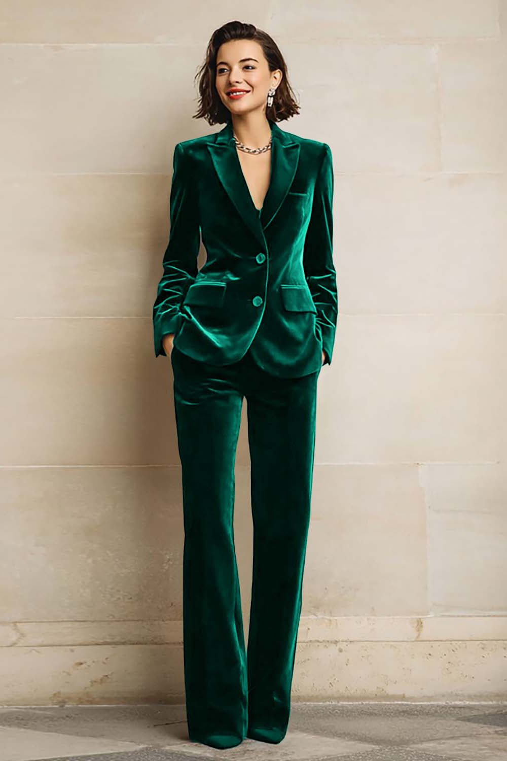 Dark Green Velvet Tuxedo Suit with Wide-Leg Trousers