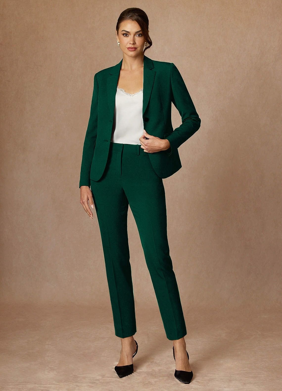 Dark Green Tuxedo Blazer with a White Top and Slim Trousers