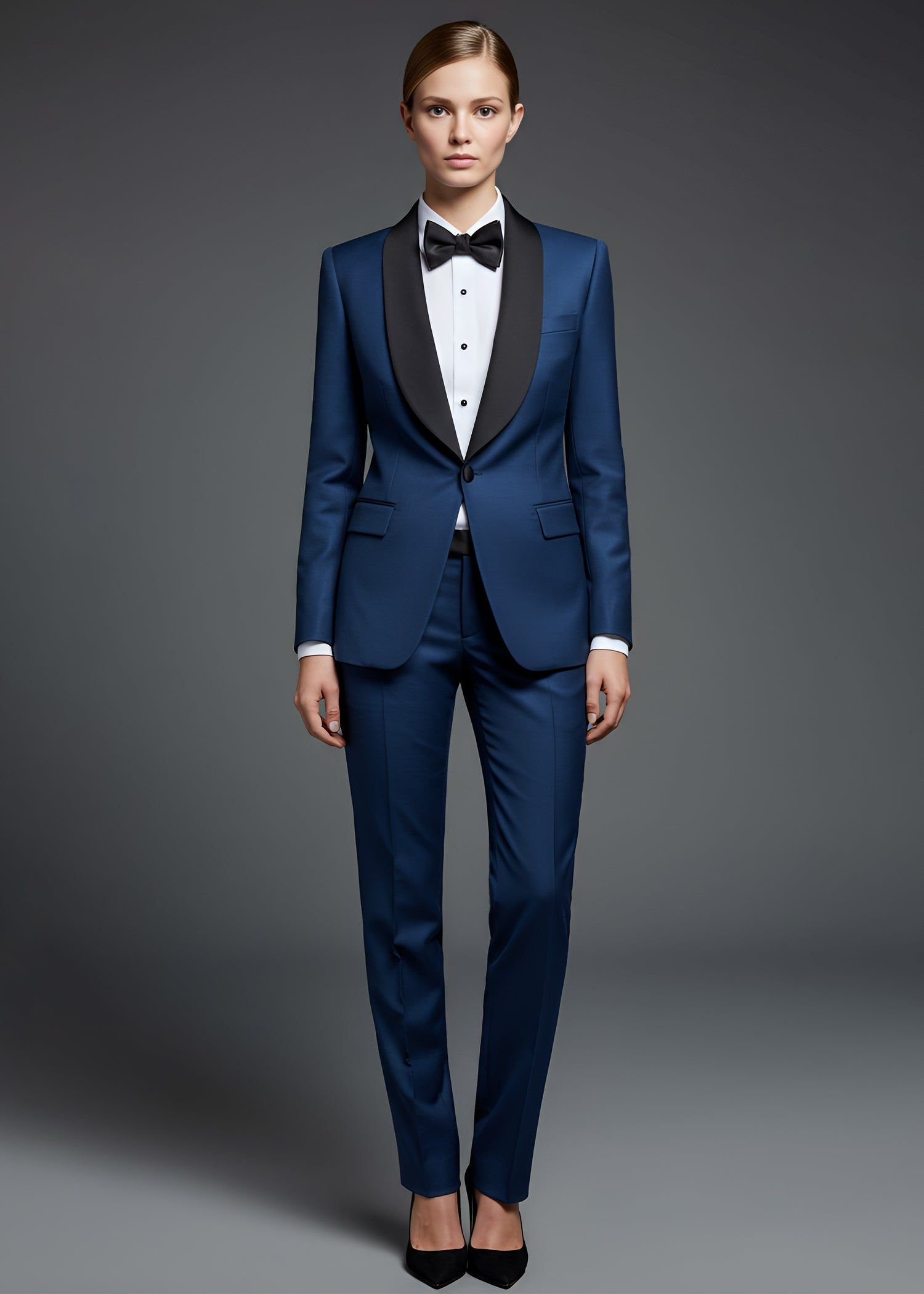 Navy Tuxedo Suit with a Black Bow Tie