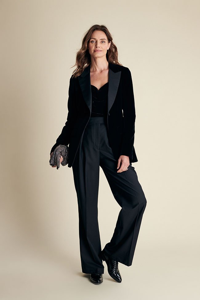 Black Velvet Tuxedo Blazer with Grey Trousers and a Beaded Clutch