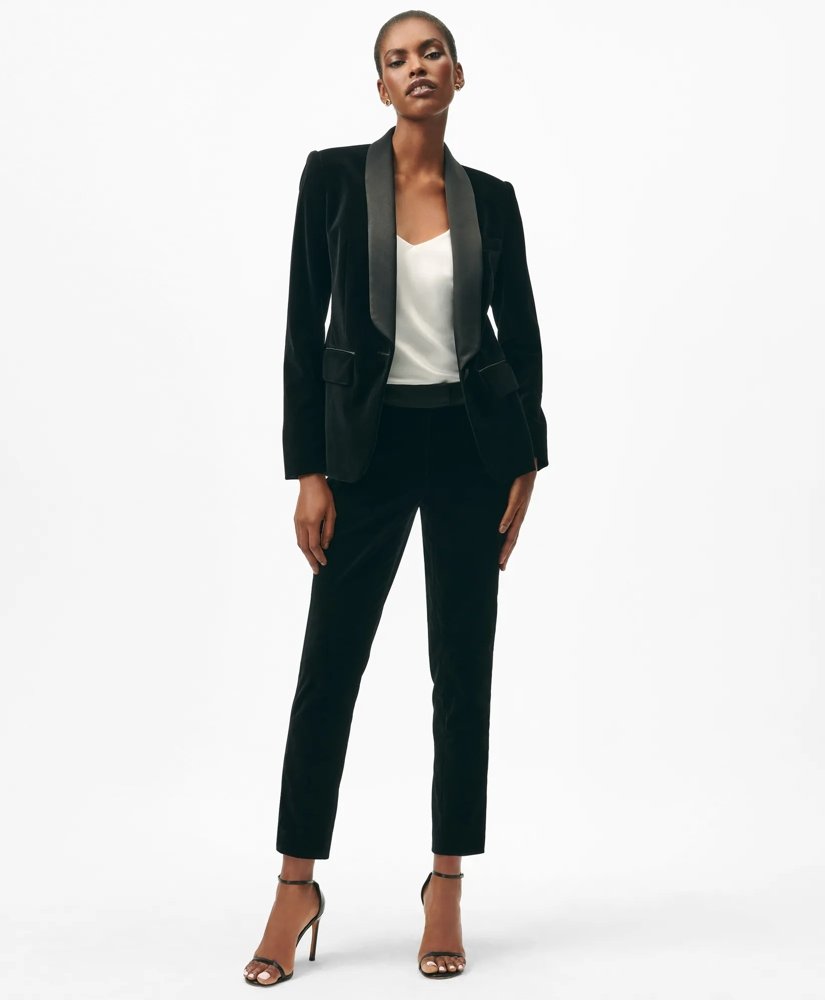 Black Velvet Tuxedo Blazer with a White Top and Black Trousers