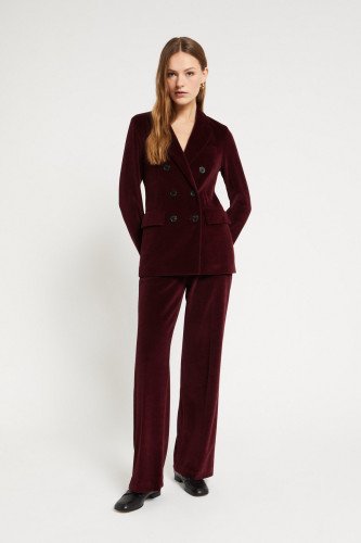 Burgundy Velvet Double-Breasted Tuxedo Suit with Wide-Leg Trousers