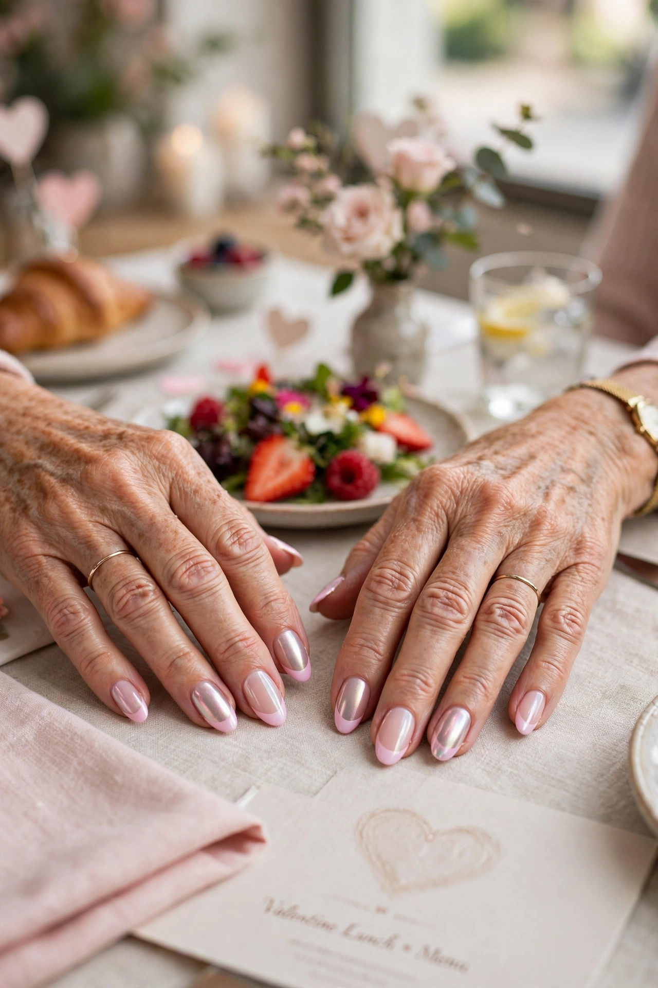Pastel Pink Pastel Accent French Nails in Almond Shape with a Chrome Shine