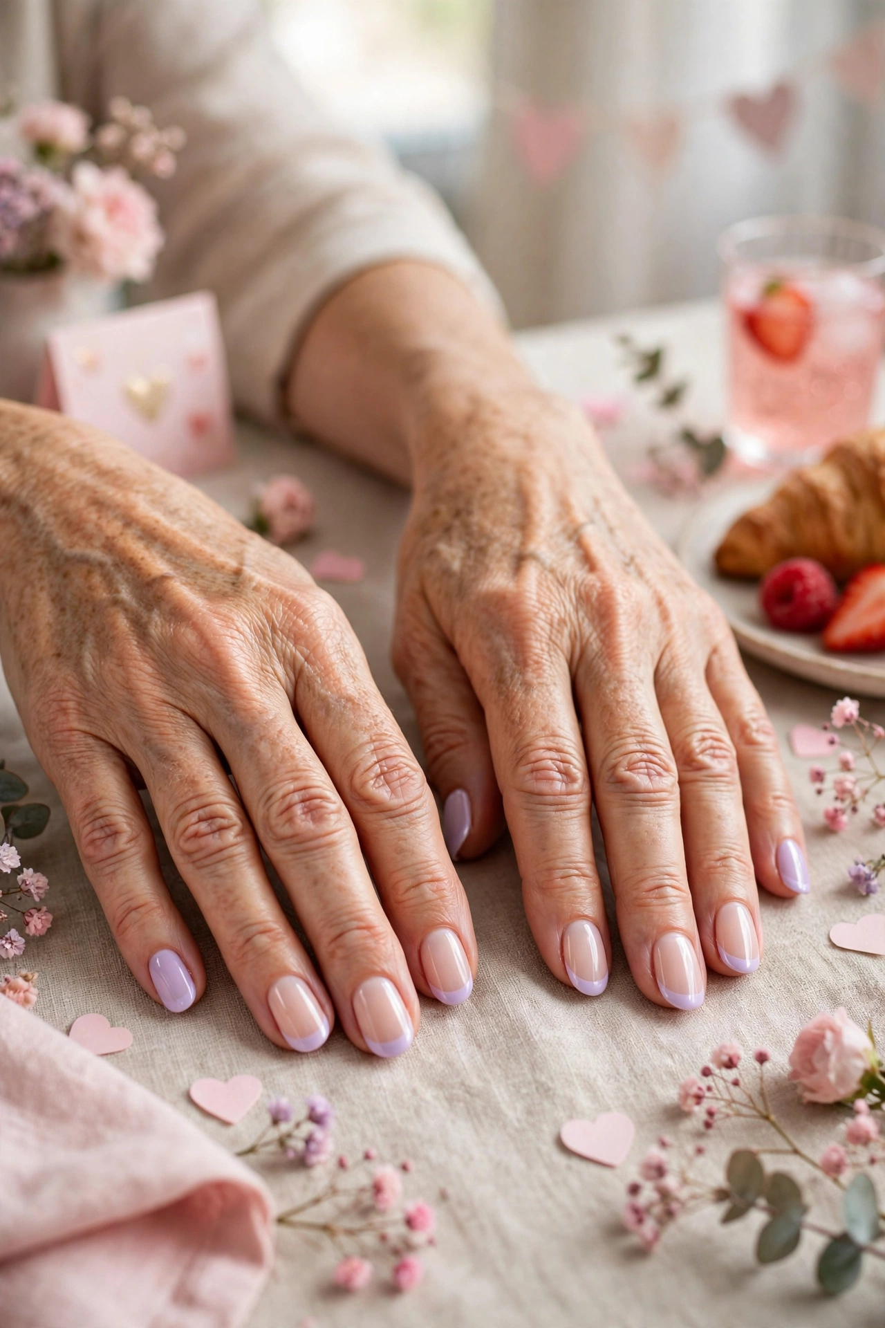 Pastel Lilac Pastel Accent French Nails in Oval Shape with a Pearl Finish