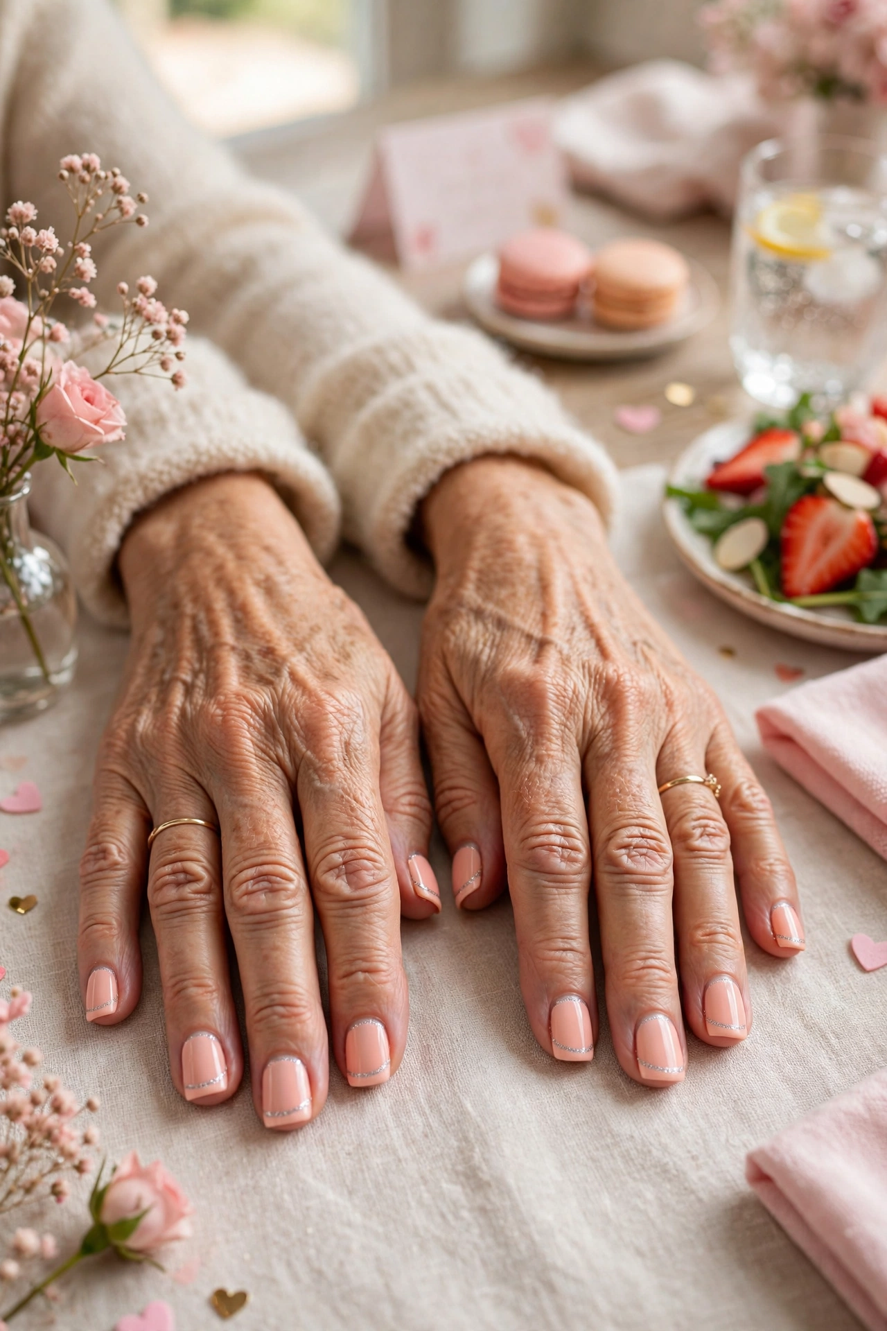 Pastel Peach Pastel Accent French Nails in Short Square Shape with a Silver Shimmer Line