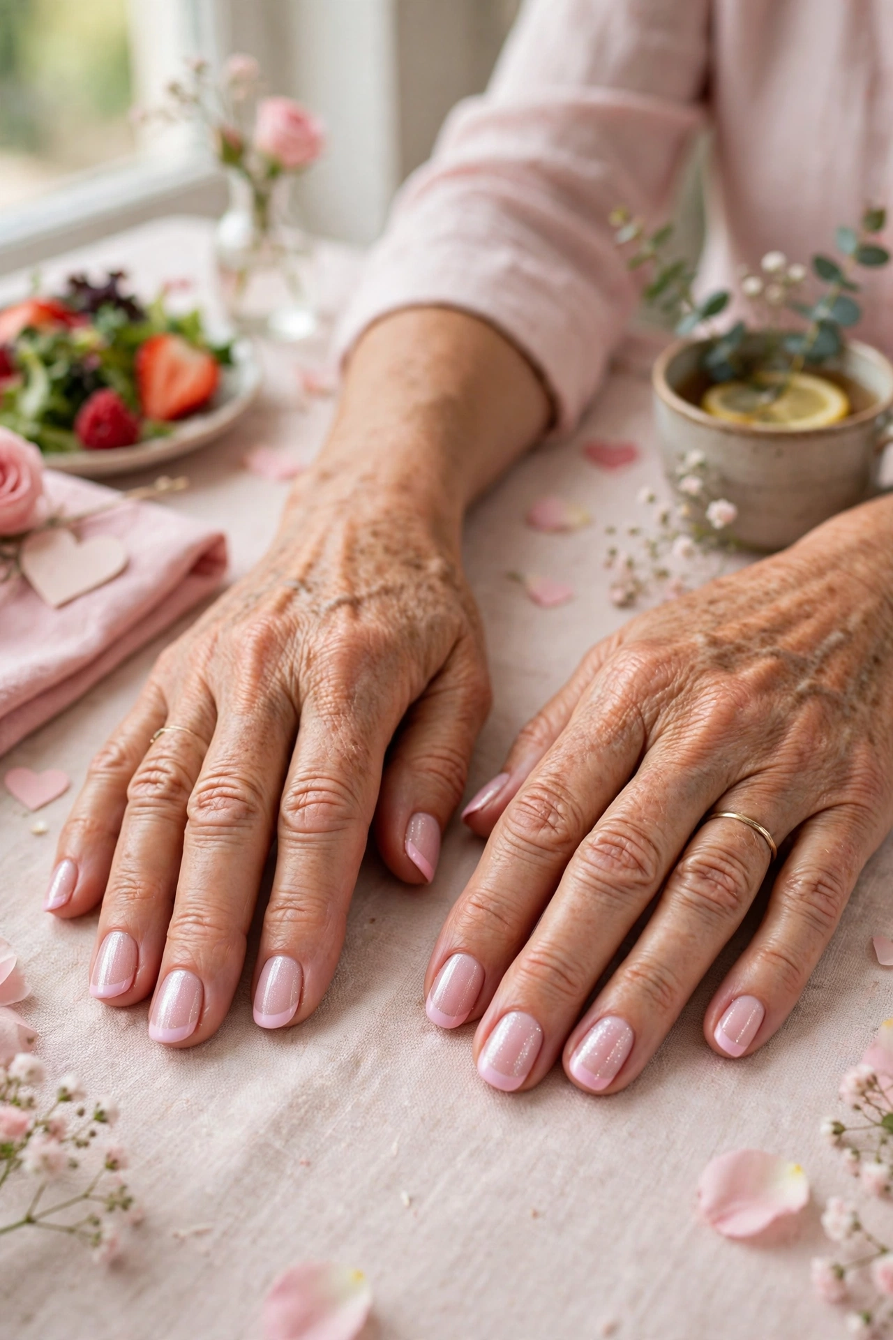 Pastel Pink Pastel Accent French Nails in Round Shape with a Sheer Shimmer Layer
