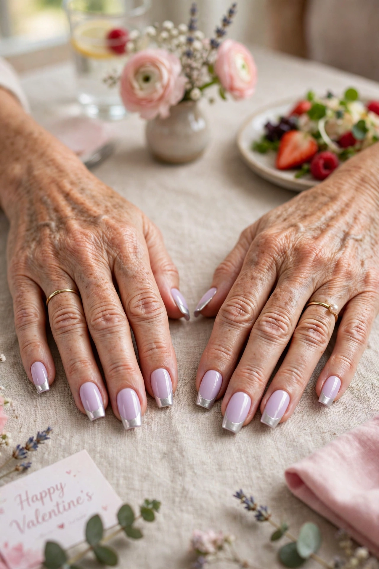 Pastel Lilac Pastel Accent French Nails in Coffin Shape with a Frosted Chrome Tip