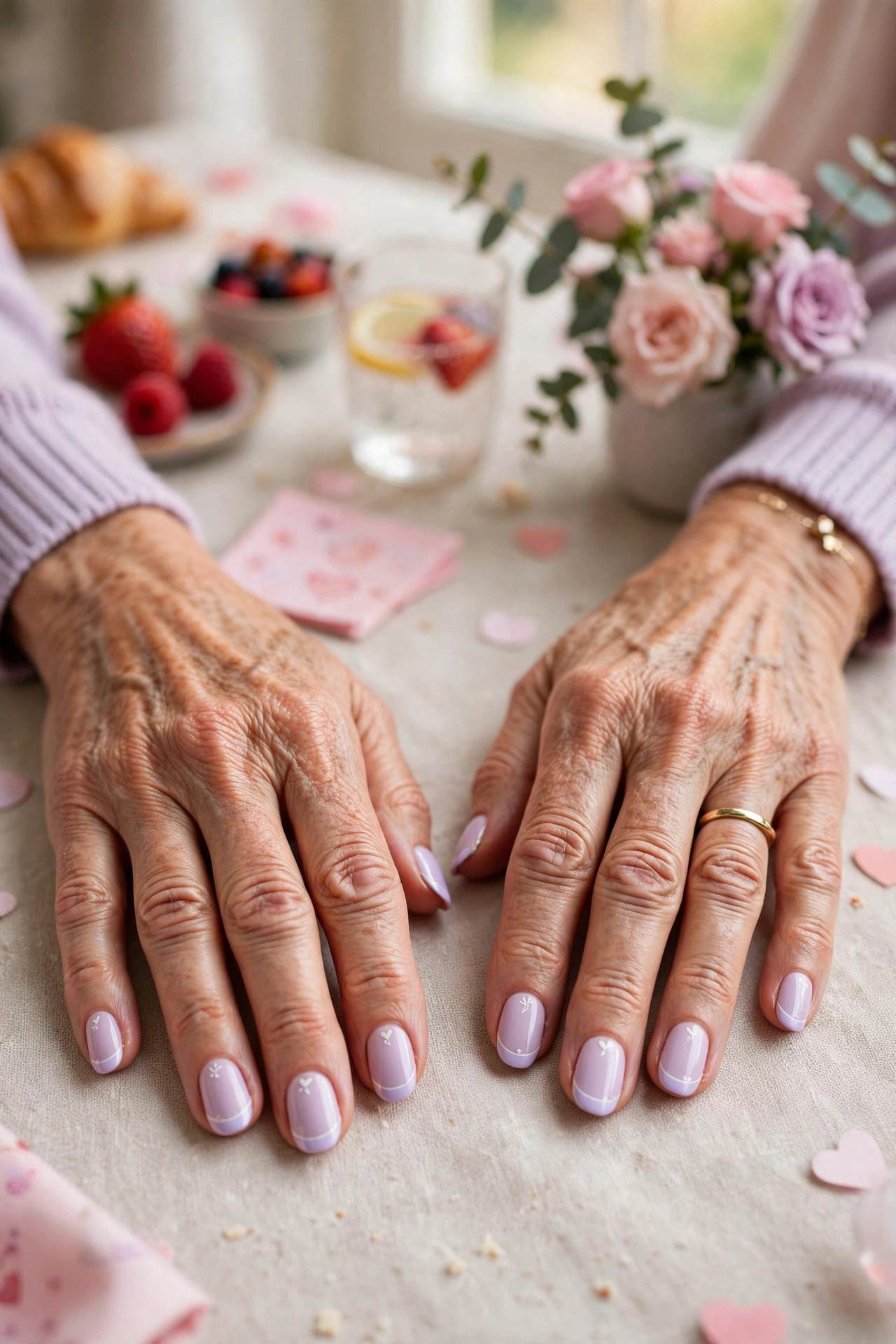 Pastel Lilac Pastel Accent French Nails in Oval Shape with a Delicate White Detail