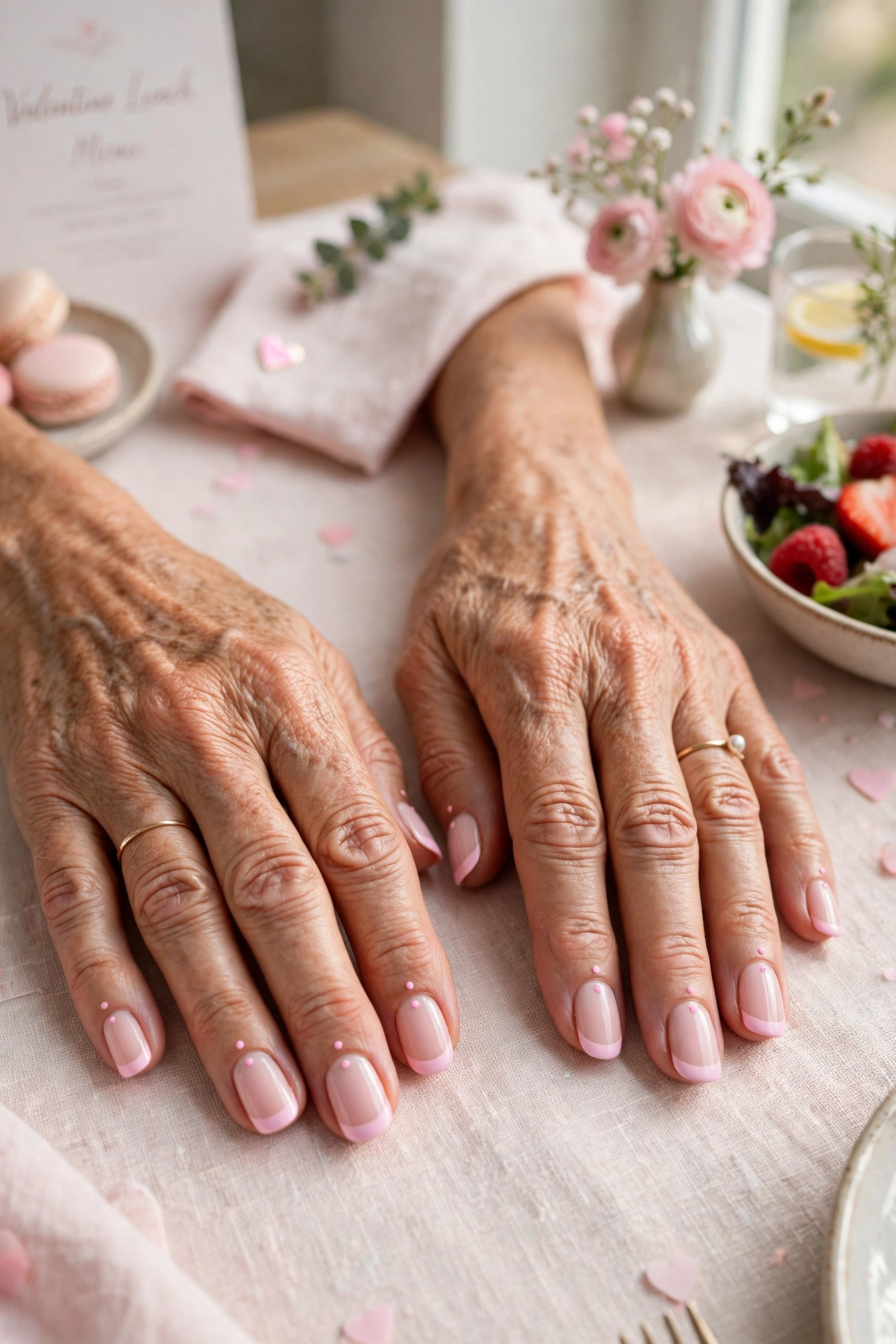 Pastel Pink Pastel Accent French Nails in Round Shape with a Minimal Dot Detail