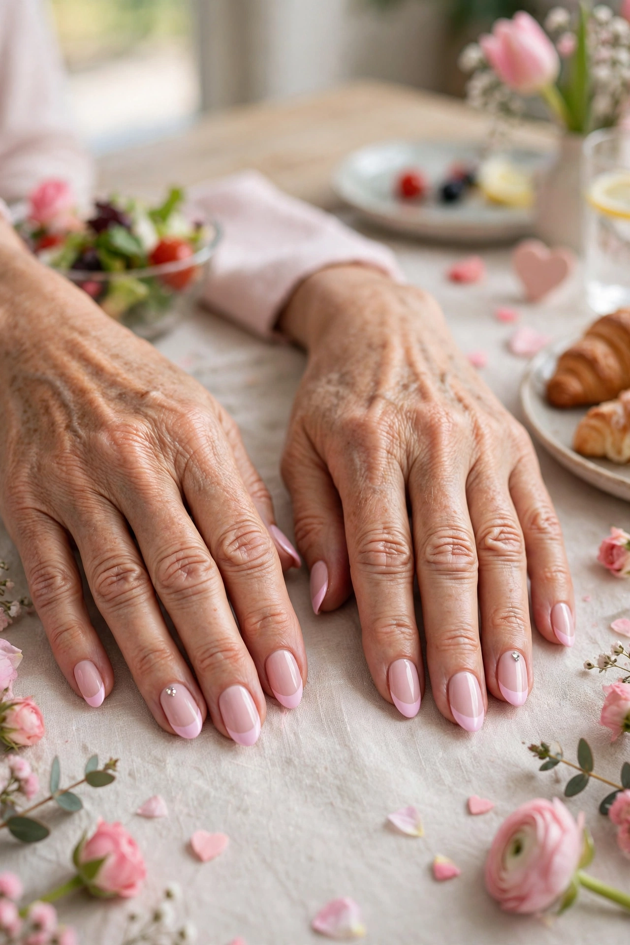 Pastel Pink Pastel Accent French Nails in Almond Shape with a Tiny Crystal on the Ring Finger