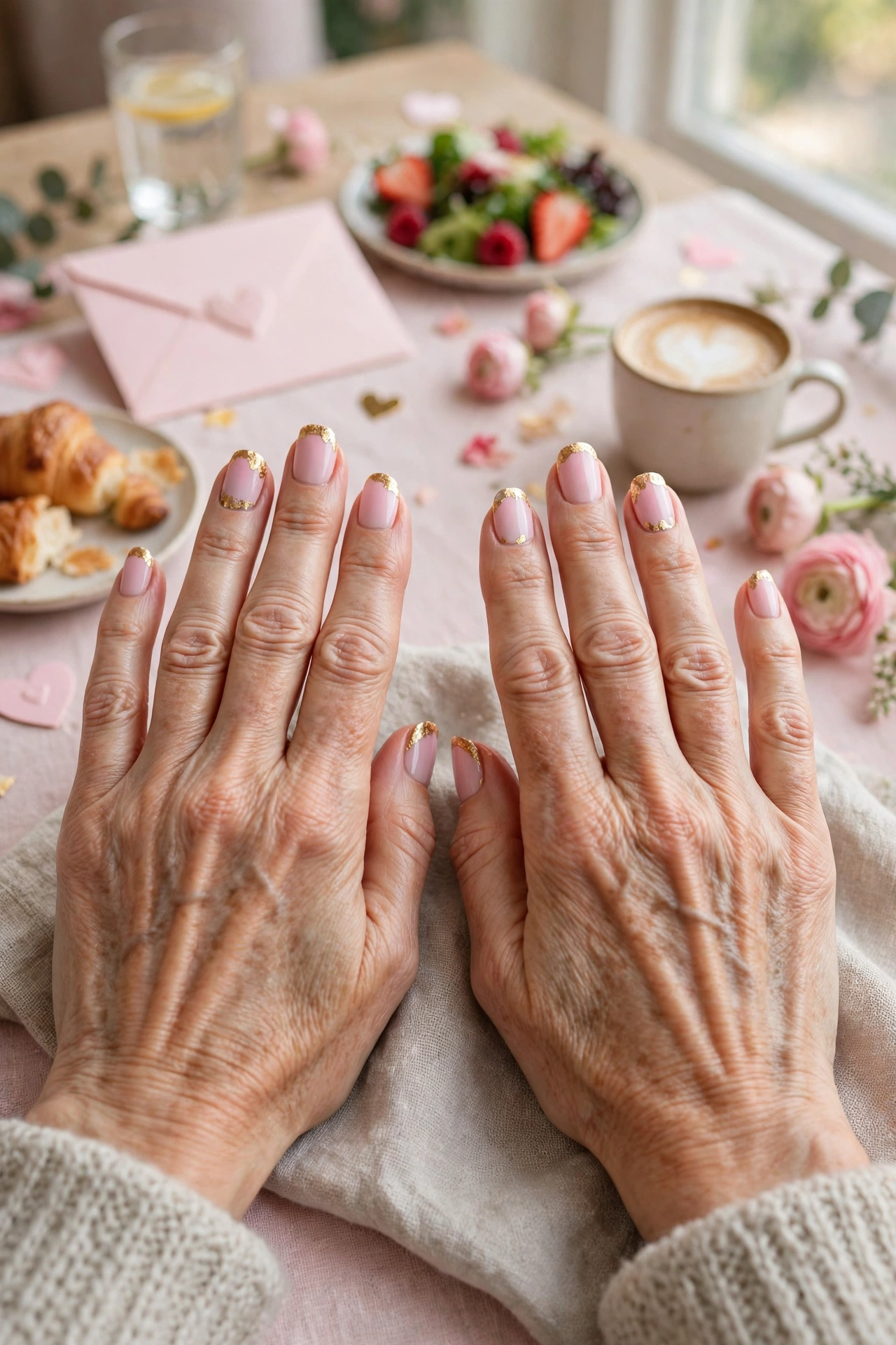 Pastel Pink Pastel Accent French Nails in Round Shape with a Gold Foil Tip