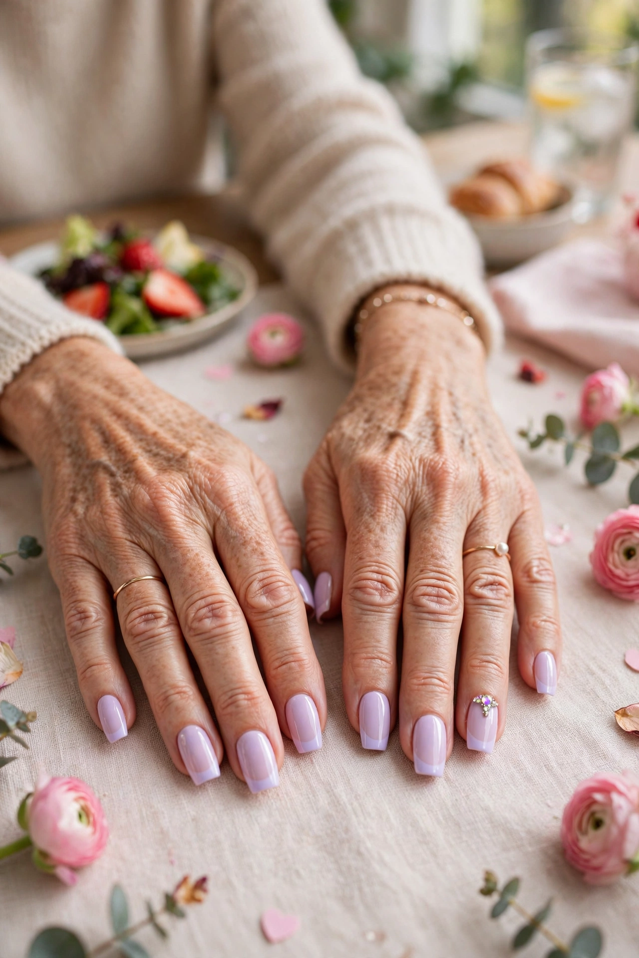 Pastel Lilac Pastel Accent French Nails in Coffin Shape with a Jewel Accent on One Nail