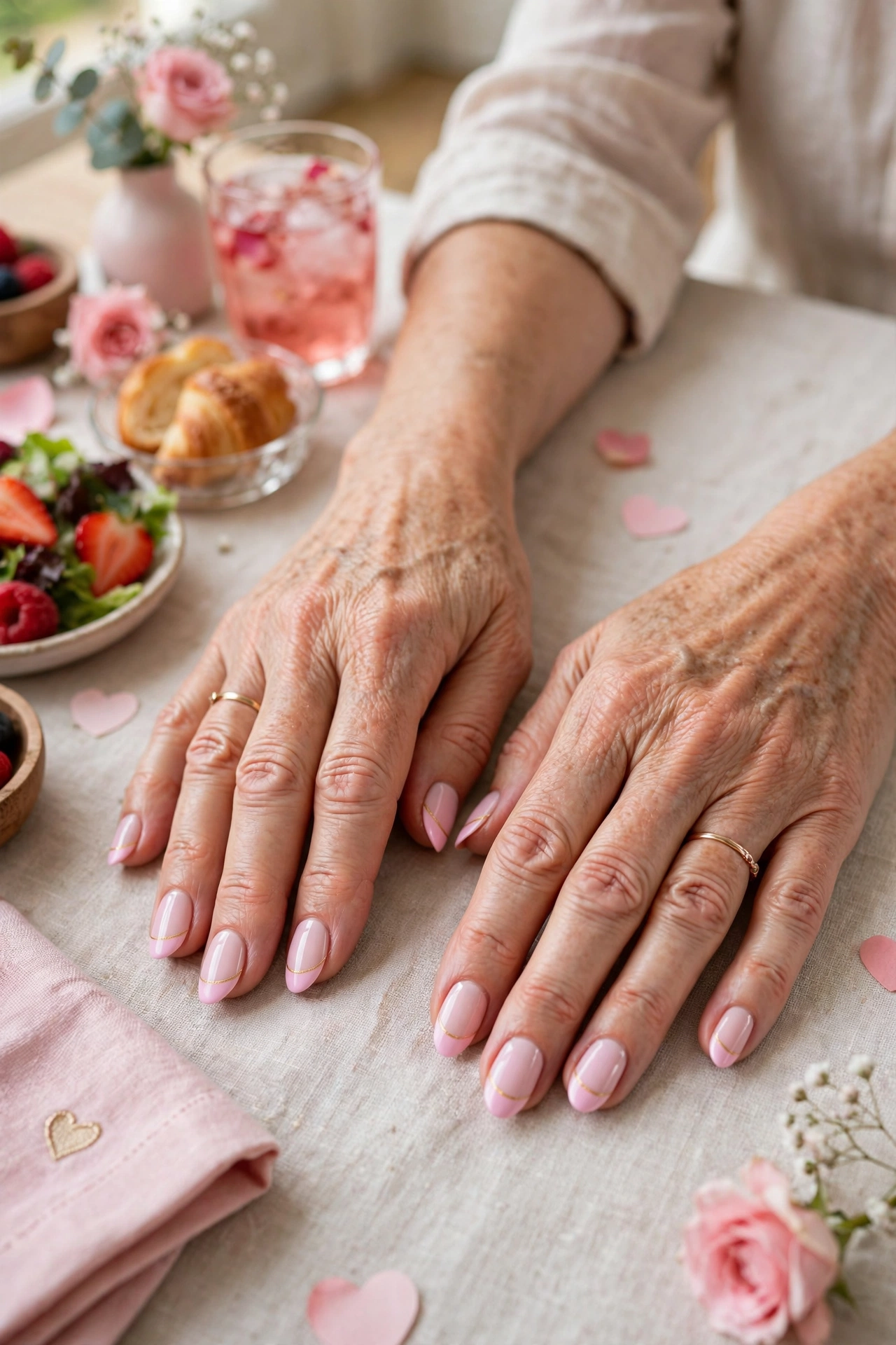 Pastel Pink Pastel Accent French Nails in Almond Shape with a Thin Gold Line