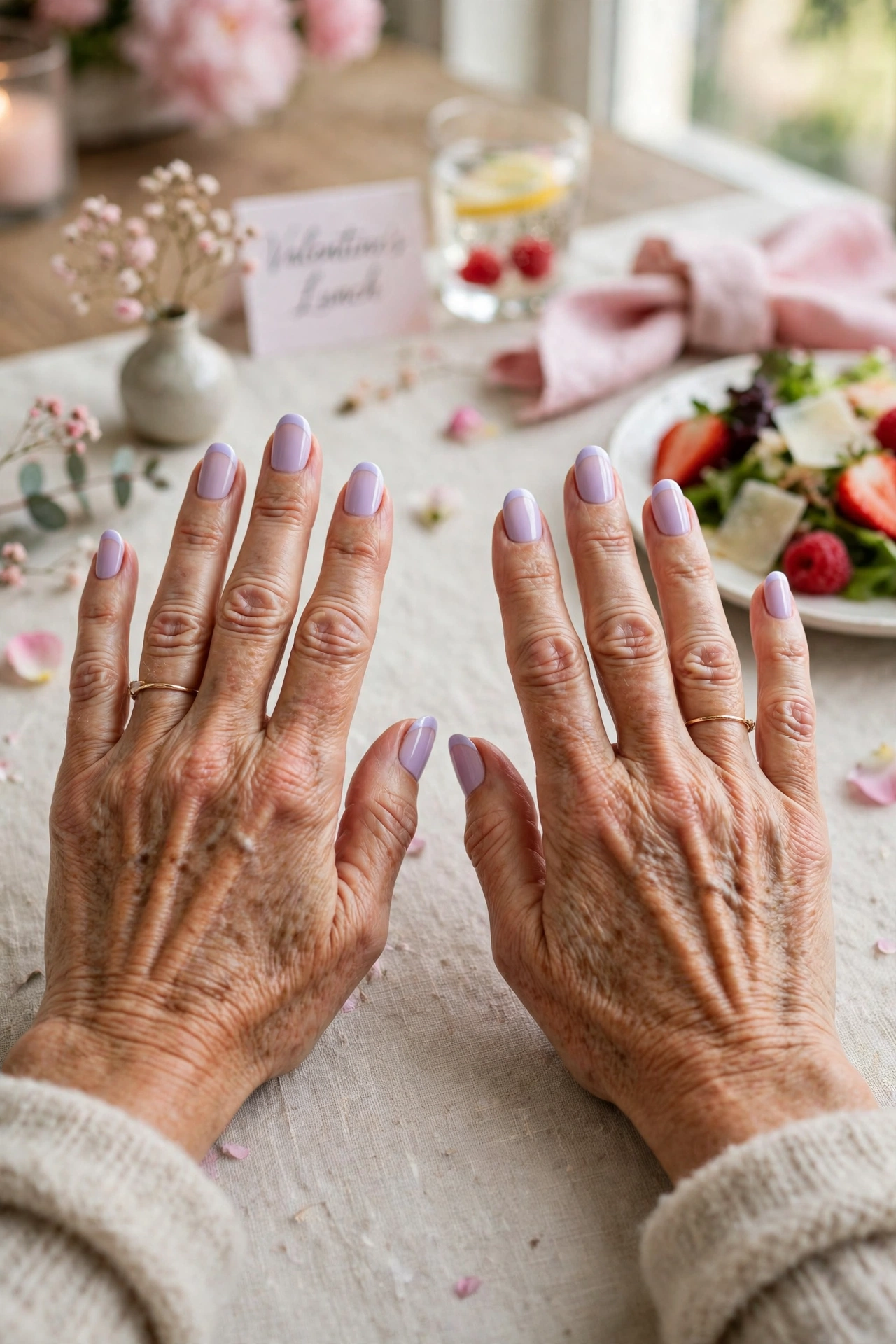 Pastel Lilac Pastel Accent French Nails in Oval Shape with a Classic French Tip