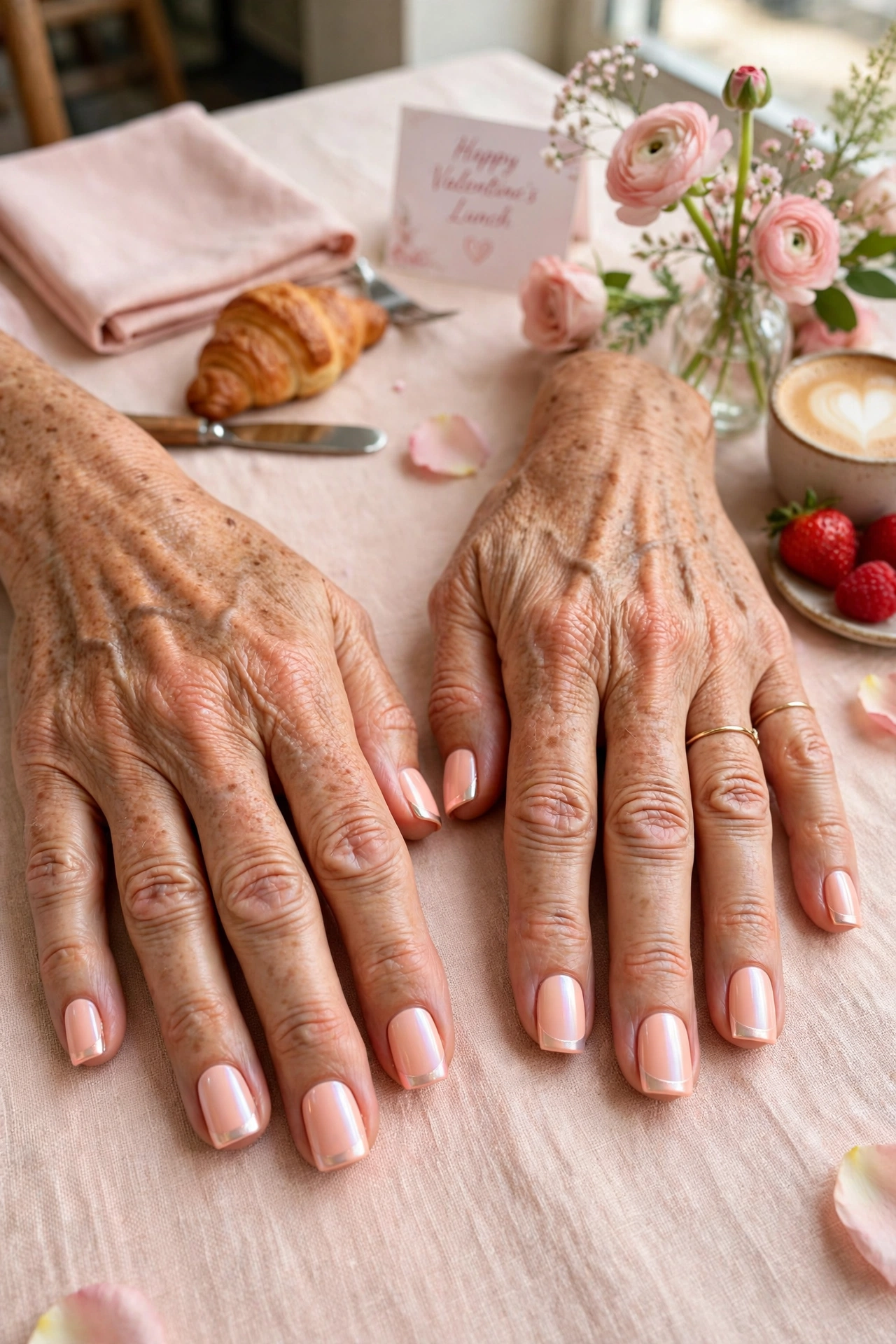 Pastel Peach Pastel Accent French Nails in Short Square Shape with a Chrome Shine