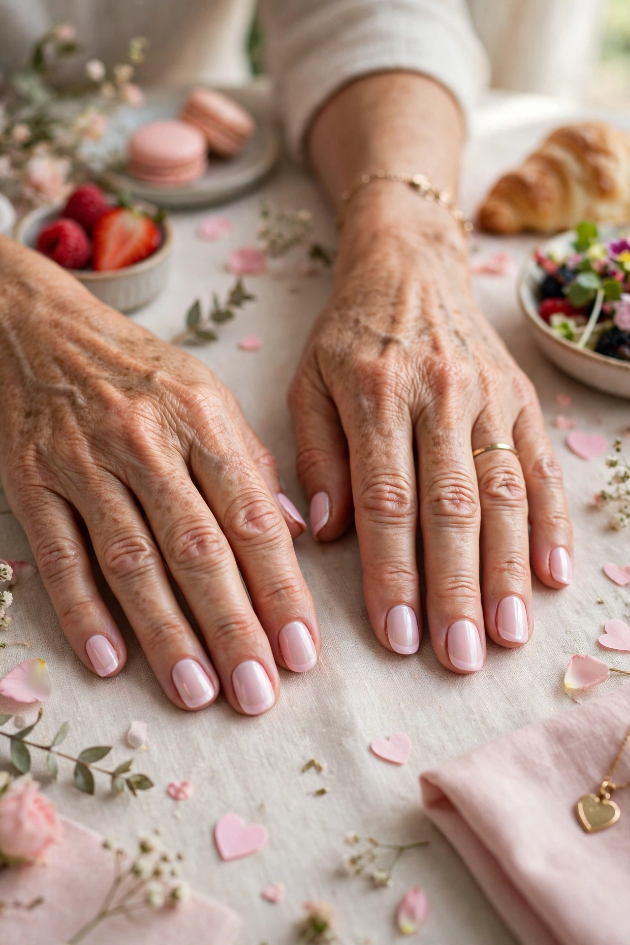 Pastel Pink Pastel Accent French Nails in Round Shape with a Pearl Finish