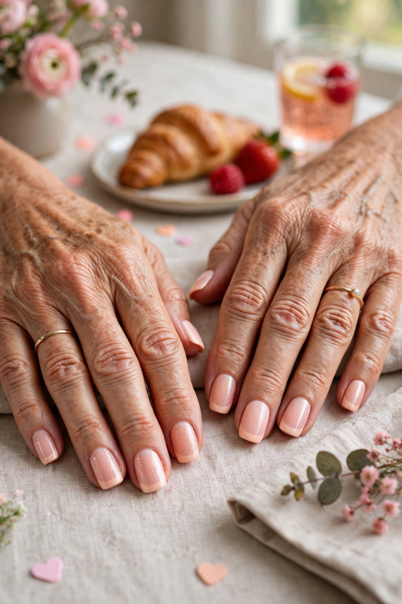 Pastel Peach Pastel Accent French Nails in Squoval Shape with a Sheer Shimmer Layer