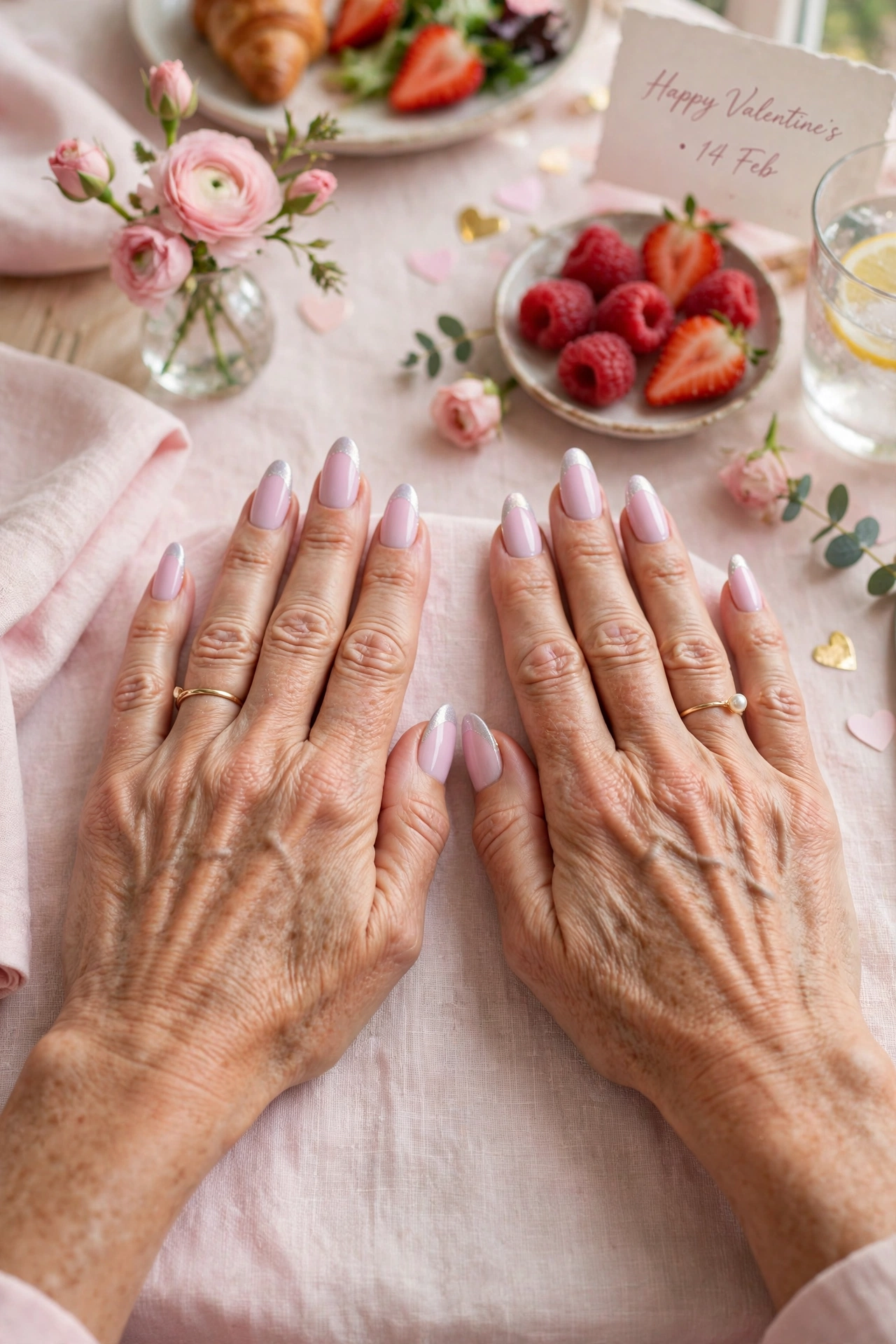 Pastel Pink Pastel Accent French Nails in Almond Shape with a Frosted Chrome Tip