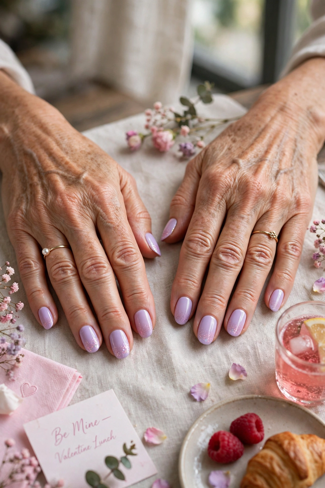 Pastel Lilac Pastel Accent French Nails in Oval Shape with a Glitter Fade Tip