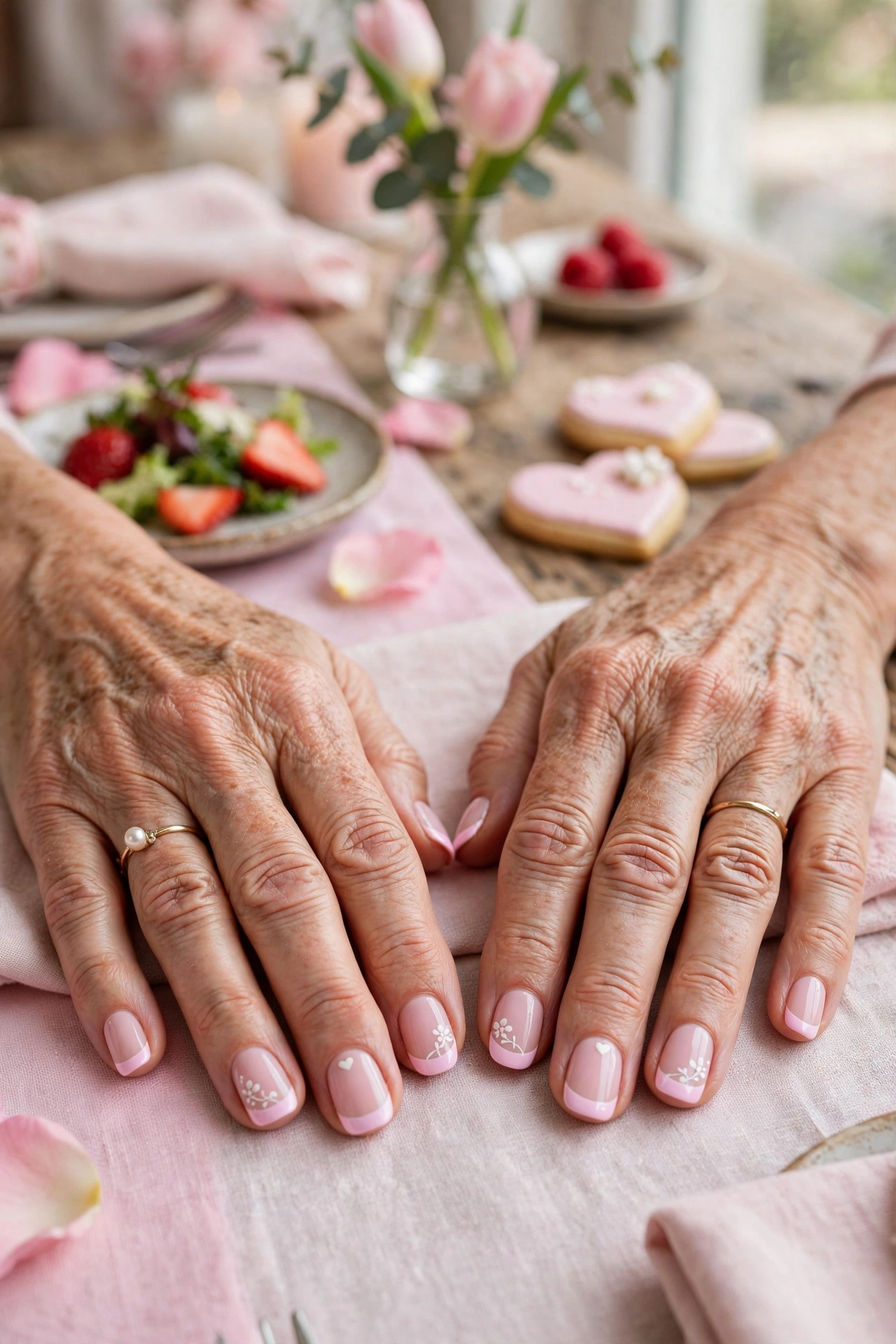Pastel Pink Pastel Accent French Nails in Round Shape with a Delicate White Detail