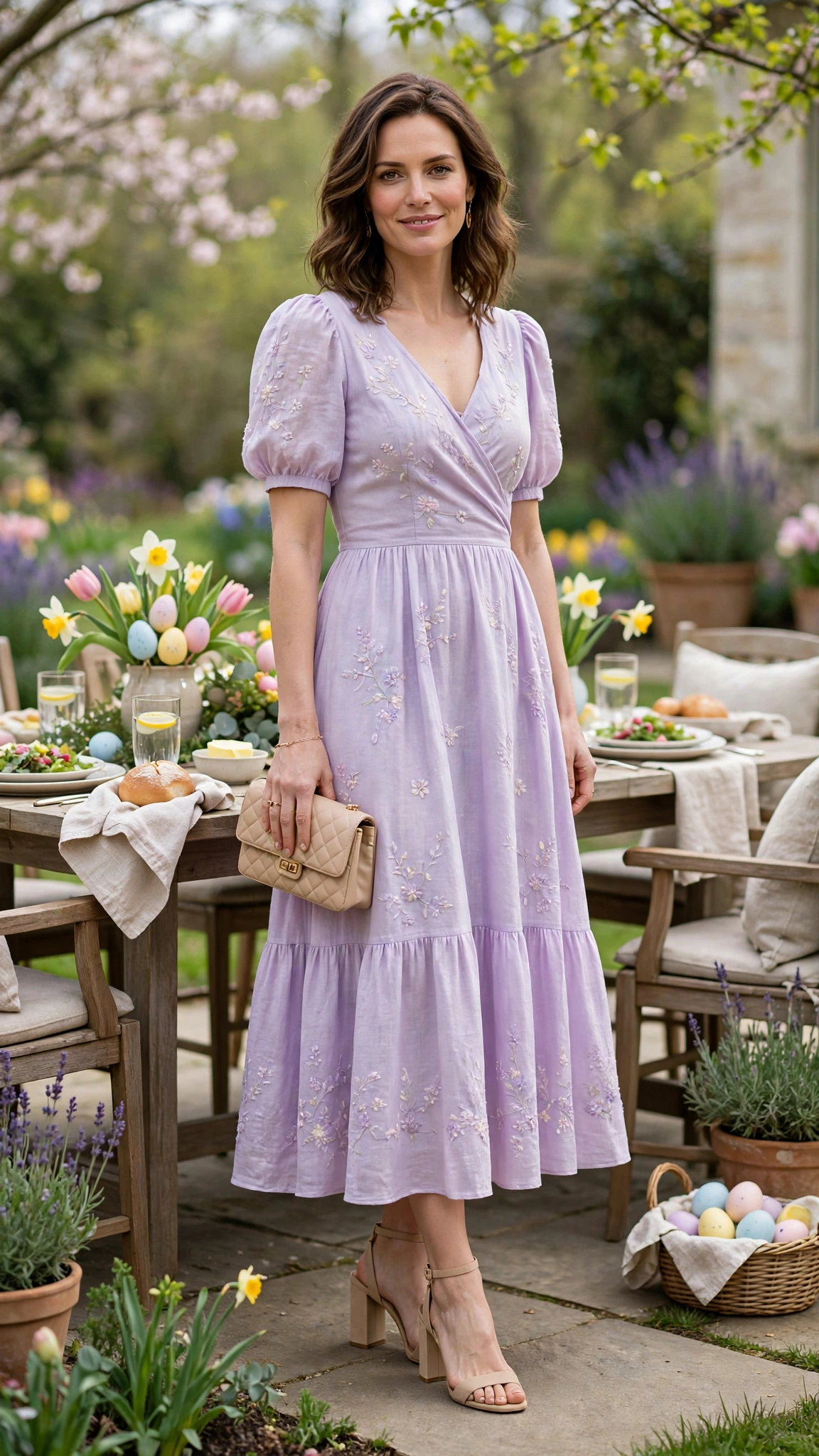Lavender Pastel Easter Dress Outfit with nude block heels and a small clutch