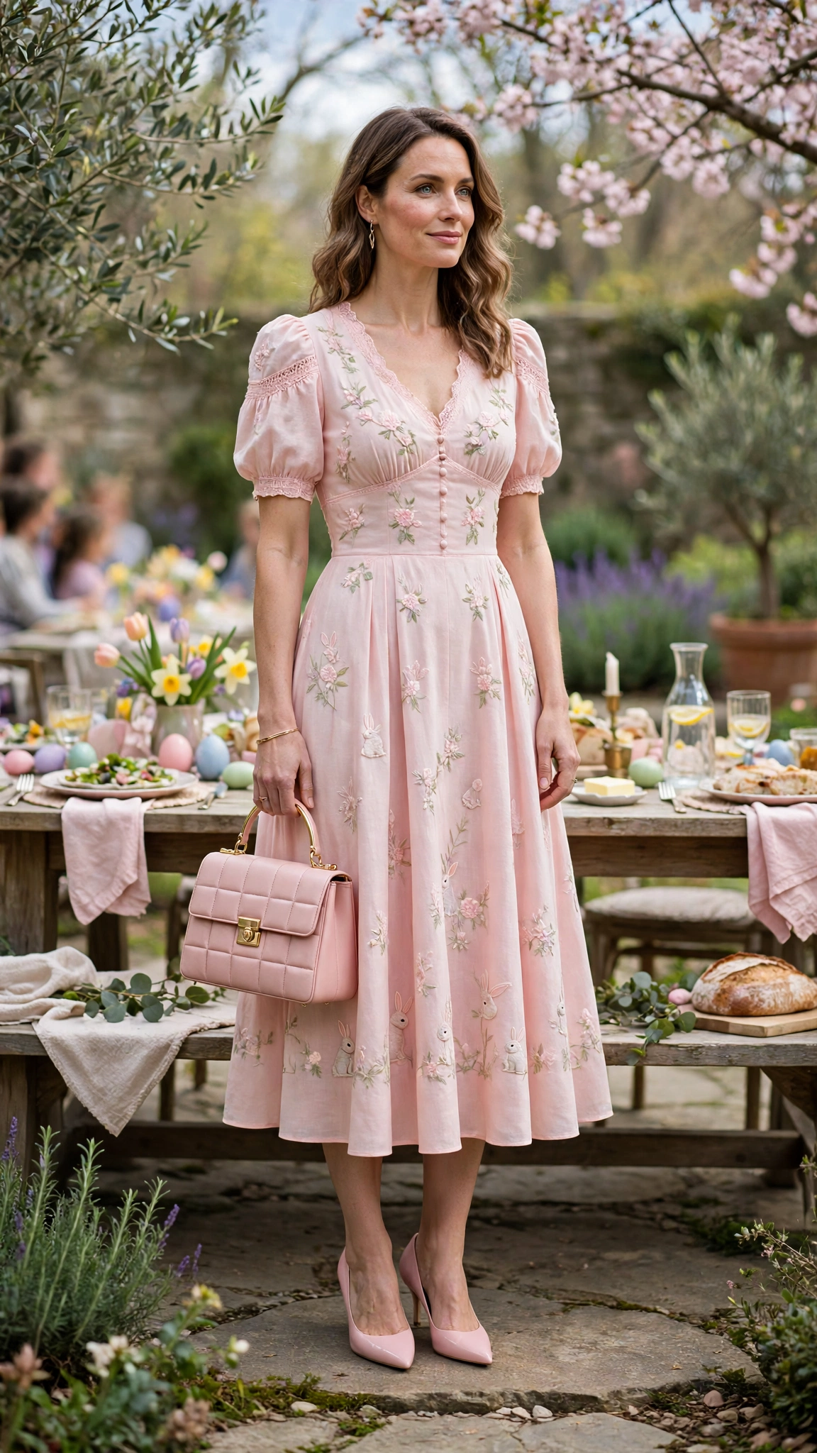 Blush Pink Pastel Easter Dress Outfit with pointed pumps and a structured bag